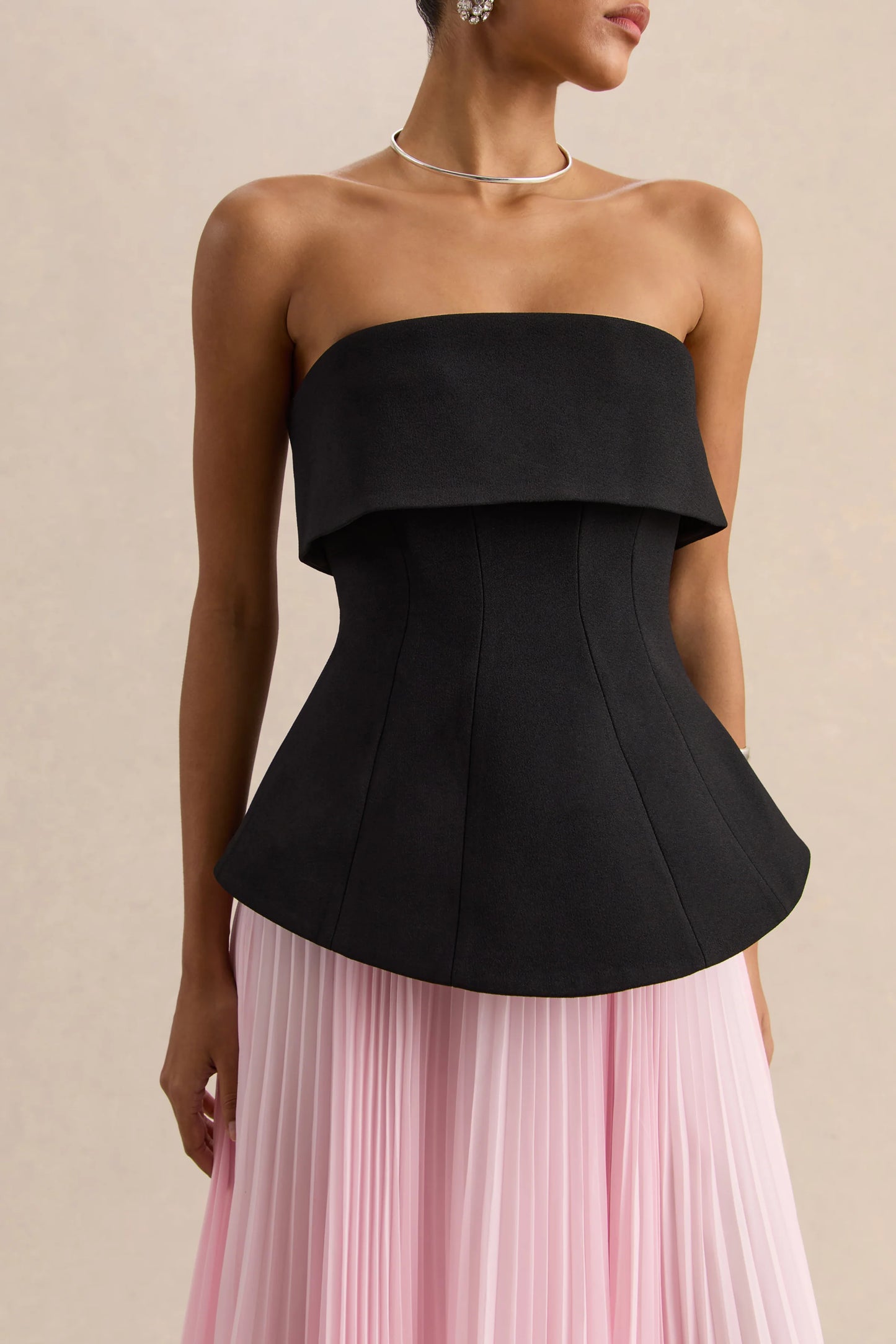 Stellara Black & Pink Bandeau Corset Maxi Dress With Sheer Skirt