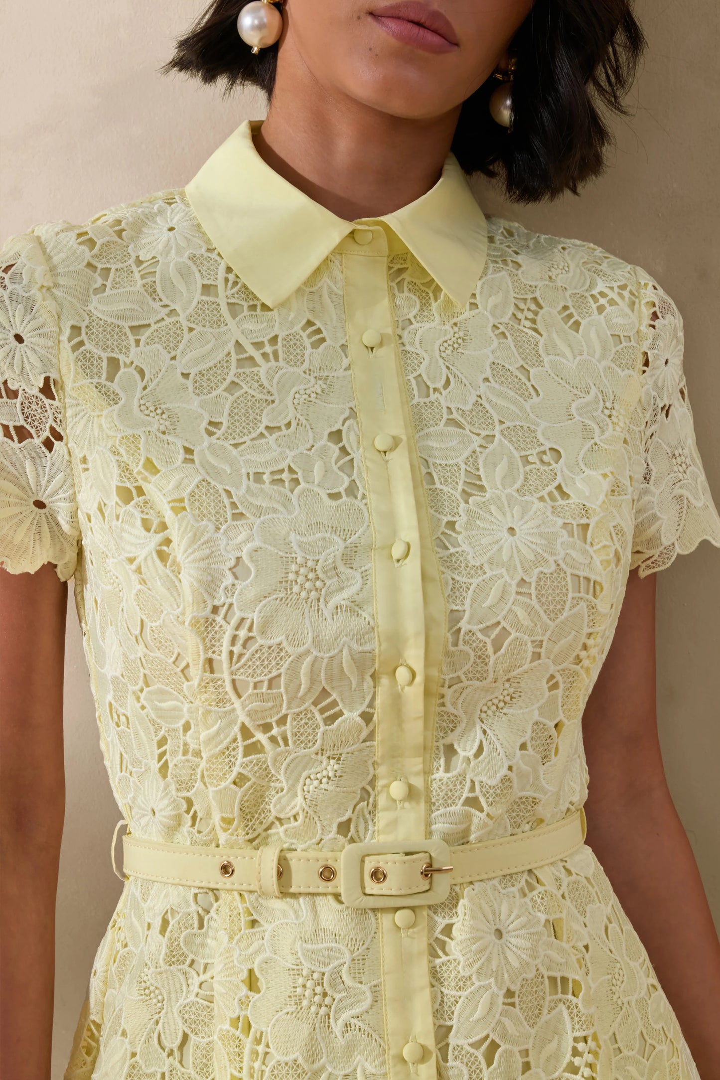 Zalie Yellow Lace High-Neck Belted Midi Dress