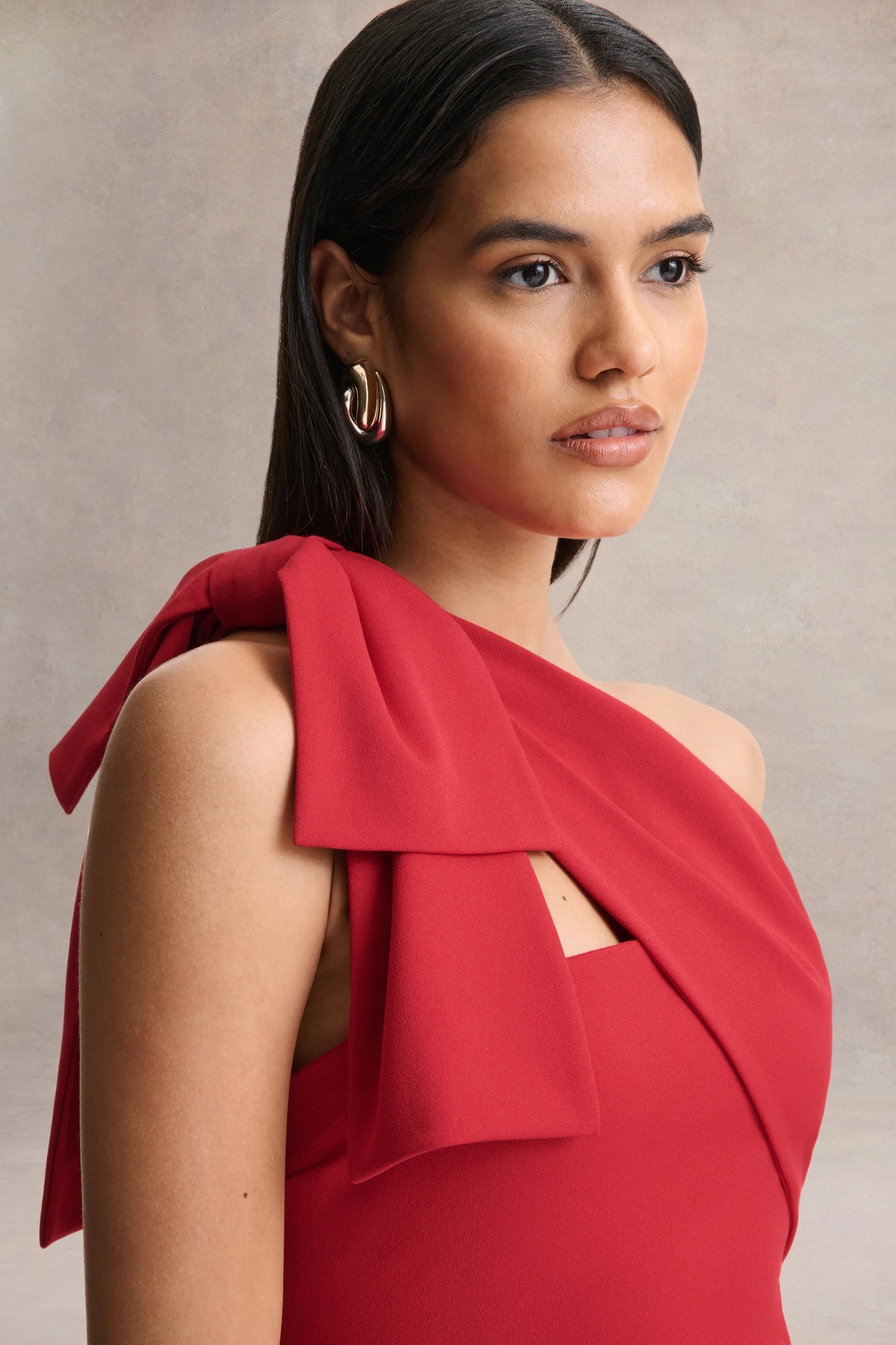 Adara Red Asymmetric-Neck Maxi Dress With Bow-Detail