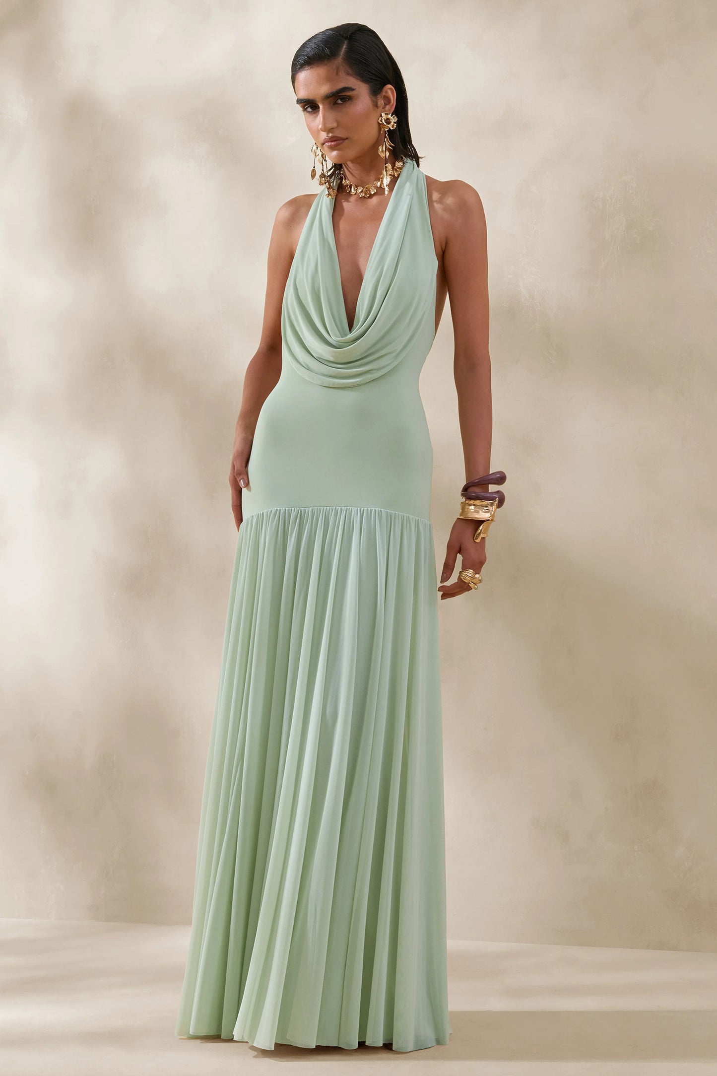 Verity Green Cowl-Neck Maxi Dress With Sheer-Skirt