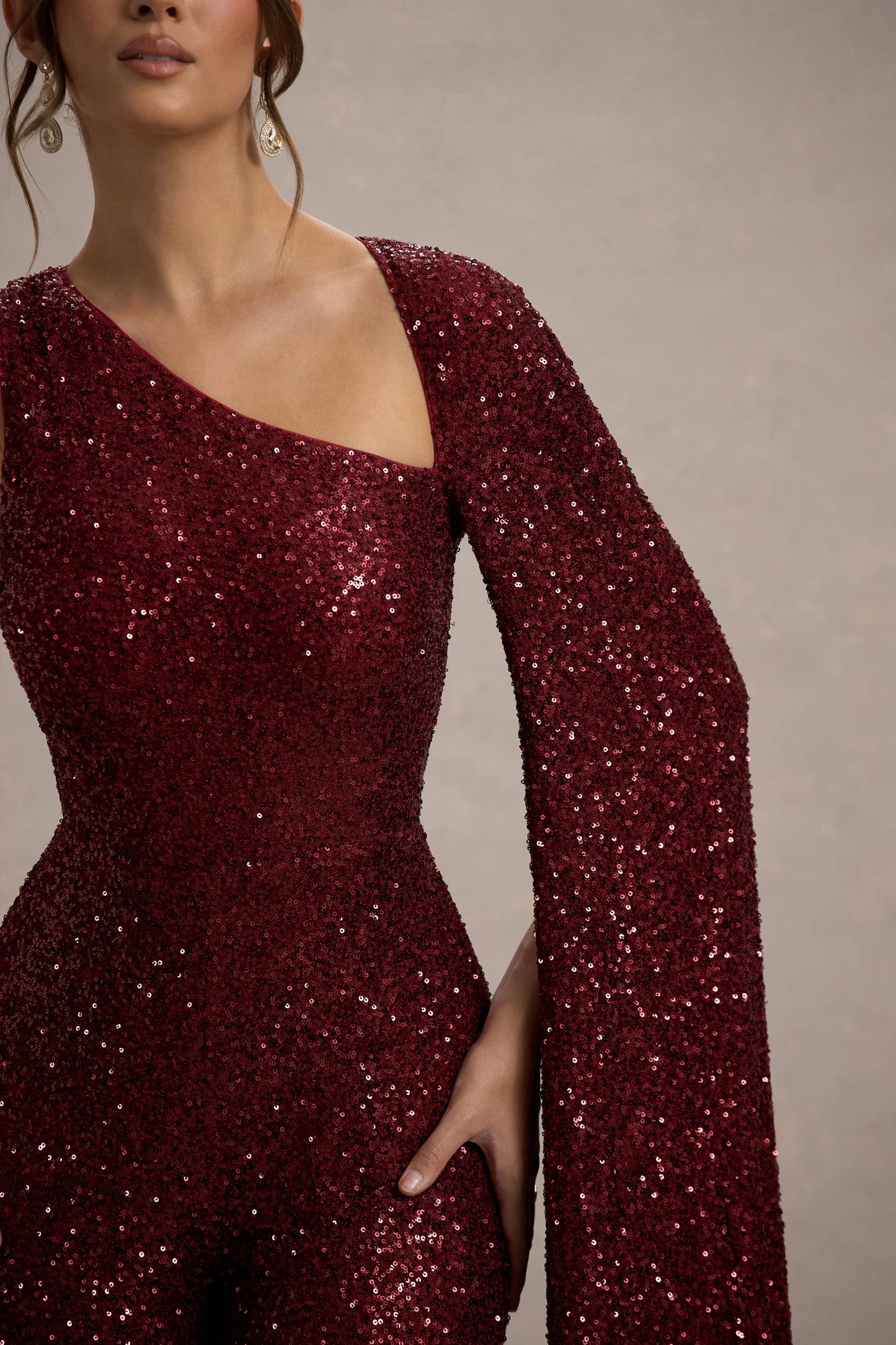 Star Seeker Port Sequin One-Shoulder Cape Sleeve Jumpsuit