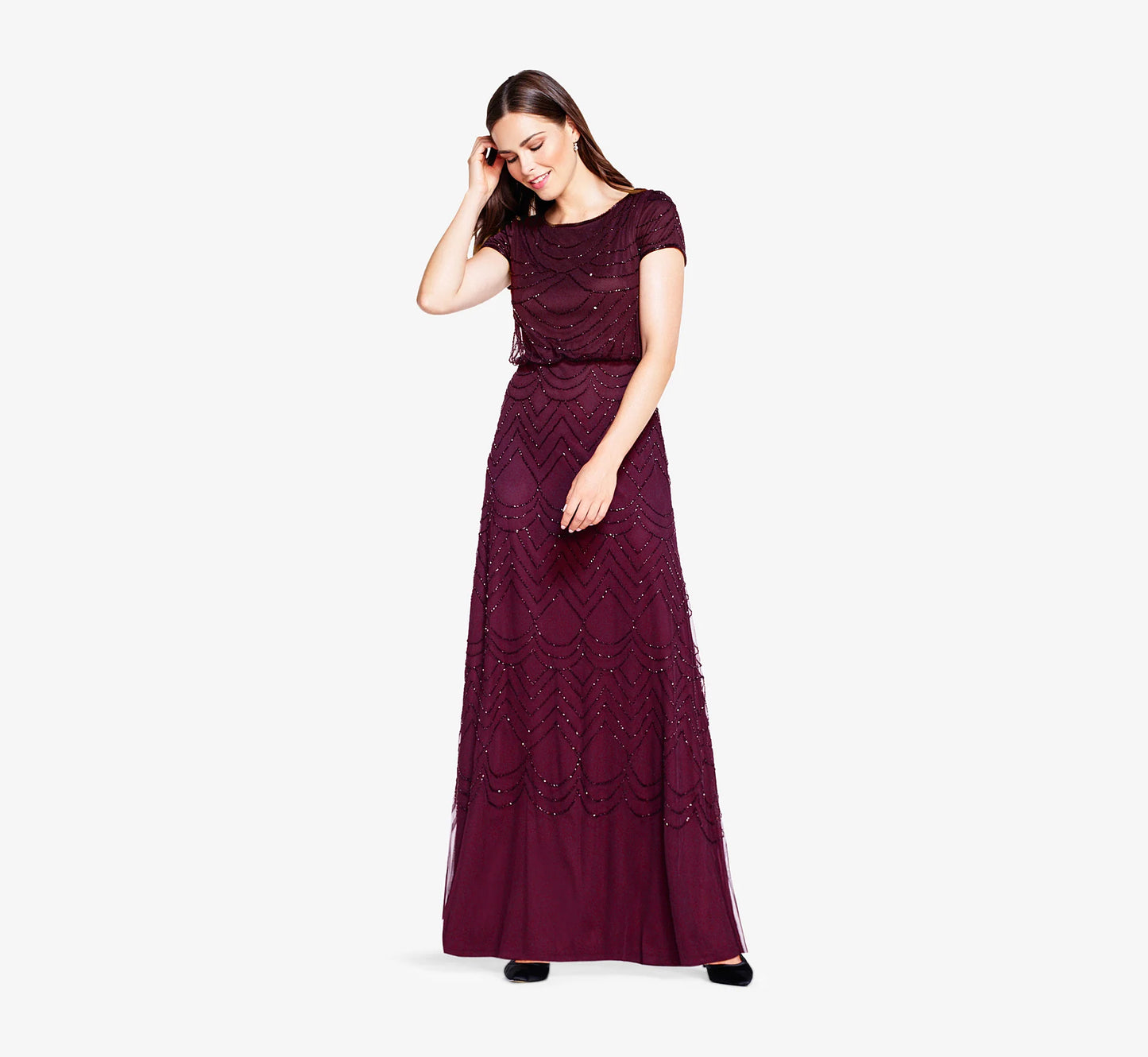 Short Sleeve Beaded Blouson Gown In Cassis