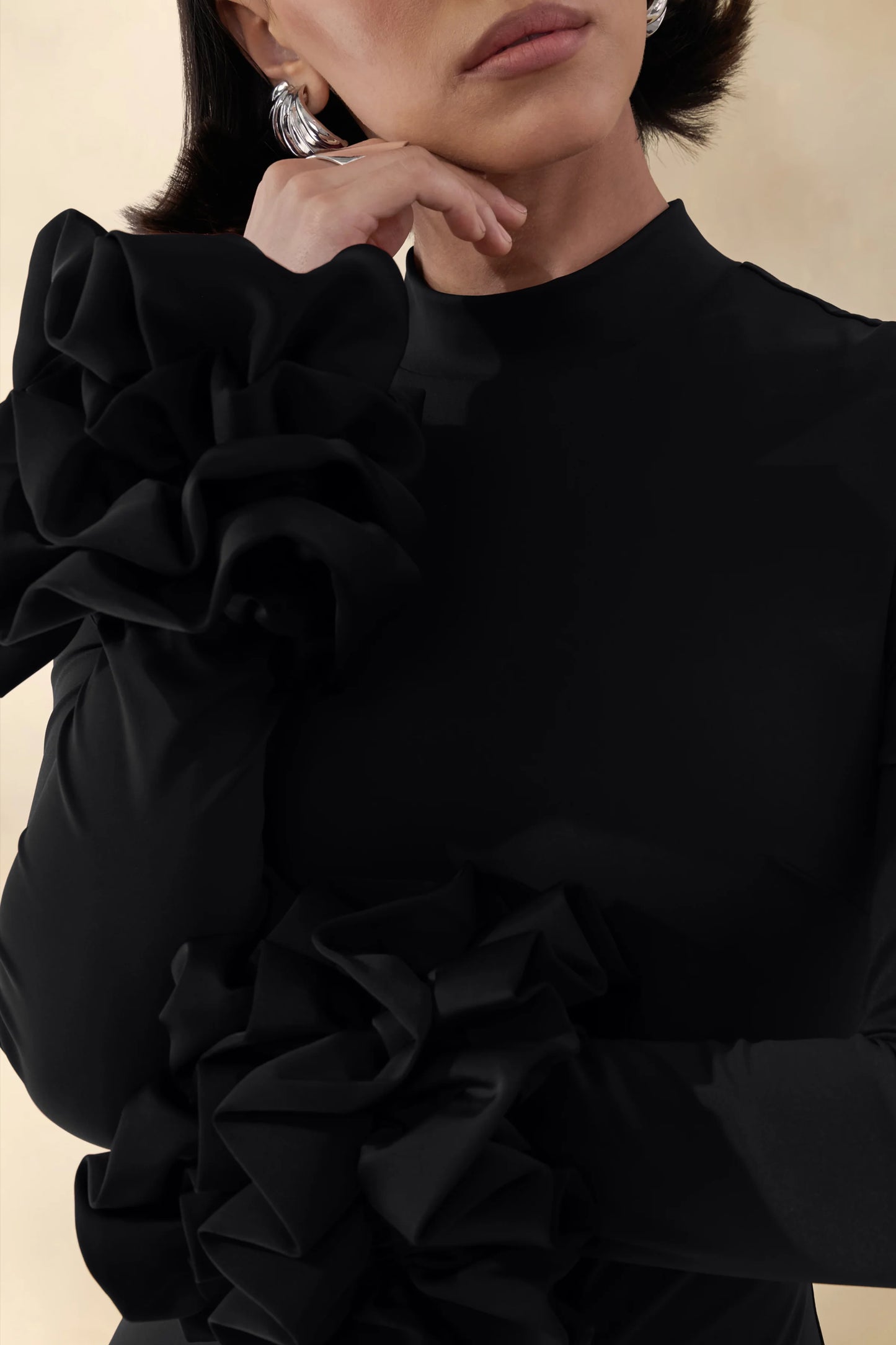 Jaselle Black High-Neck Maxi Dress With Ruffled Satin-Cuffs
