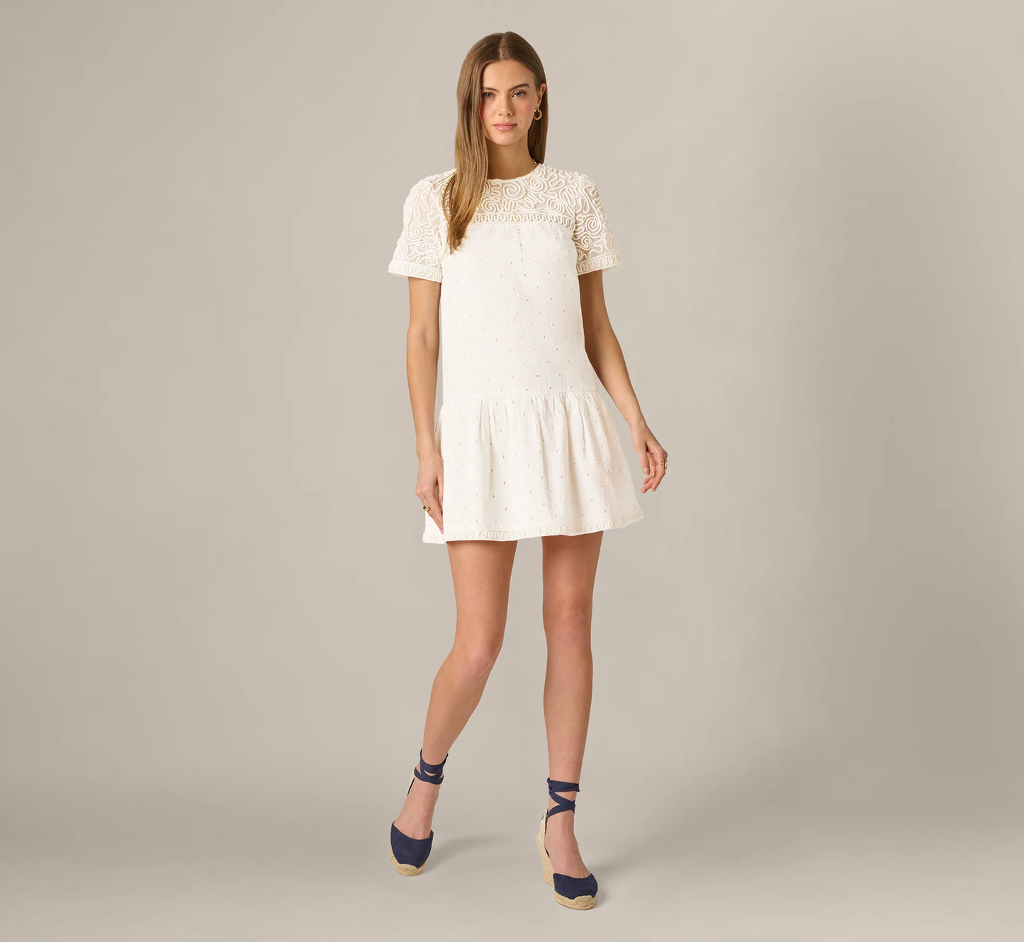 Short Sleeve Drop Waist Cotton Eyelet Shift Dress In Ivory