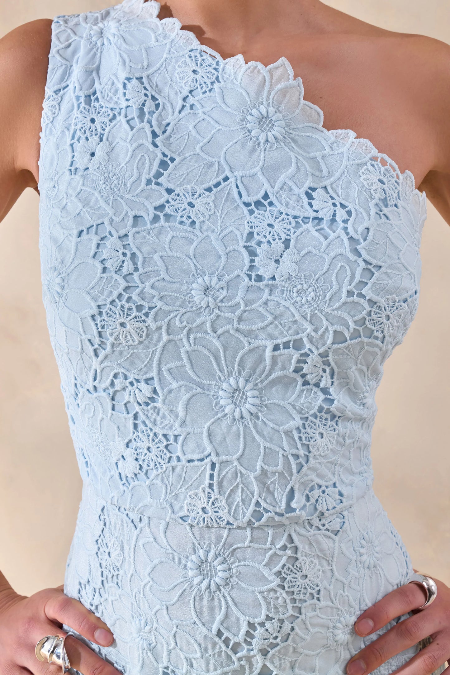 Lunia Powder Blue Broderie Asymmetric-Neck Maxi Dress