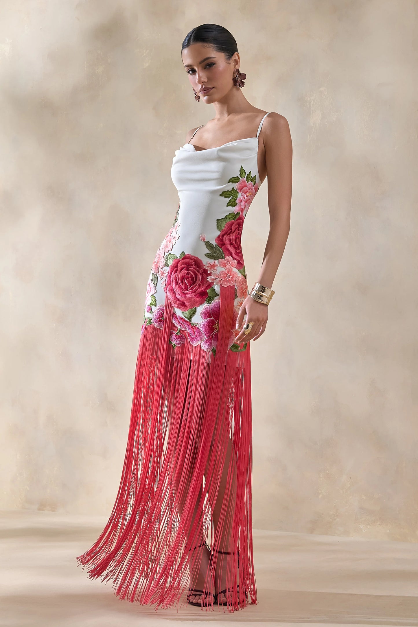 Bejewelled Cream and Pink Floral Cowl-Neck Maxi Dress With Fringe Hem