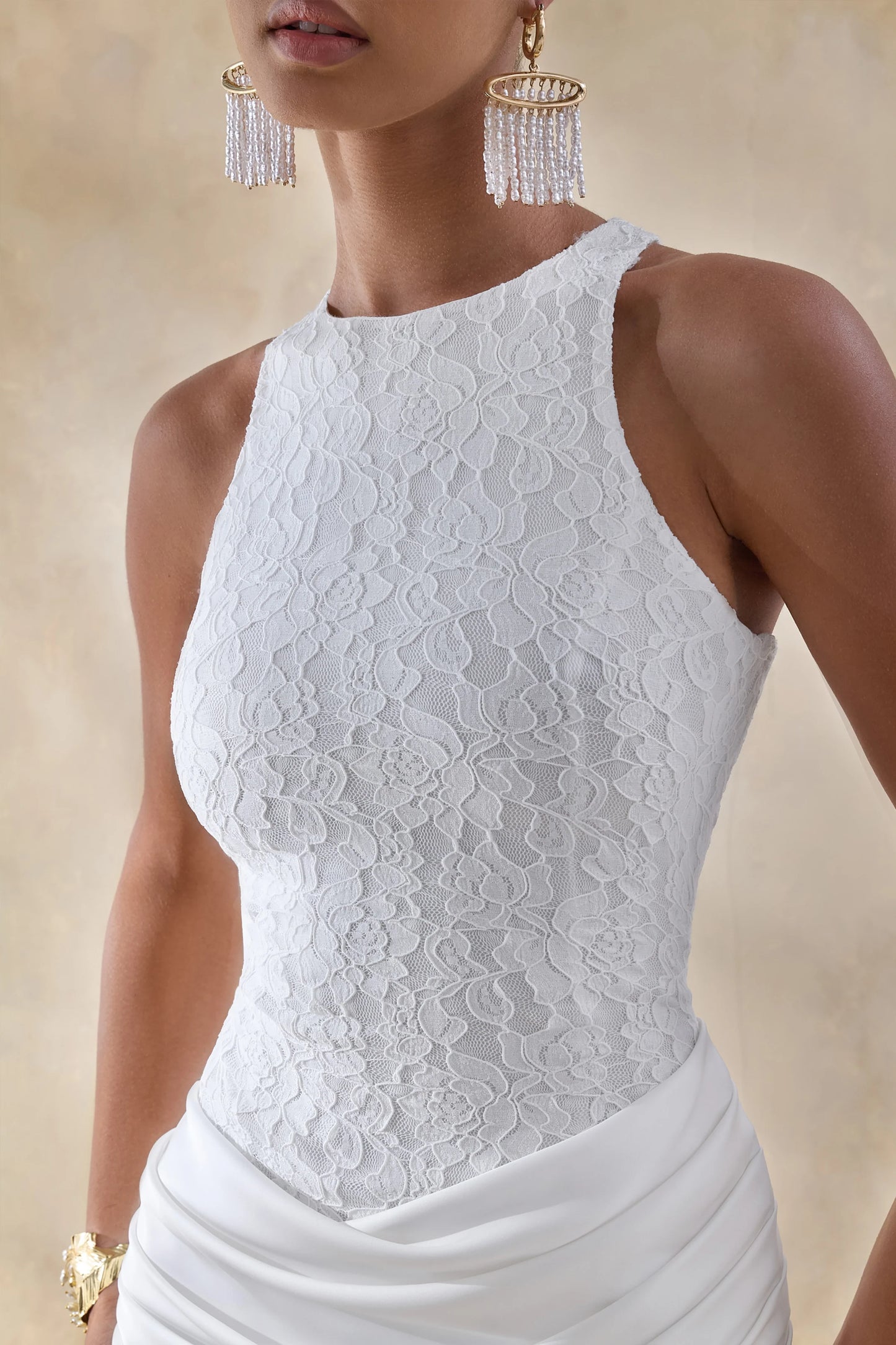 Neria White Satin And Lace Crew-Neck Maxi Dress With Draped Wrap-Skirt