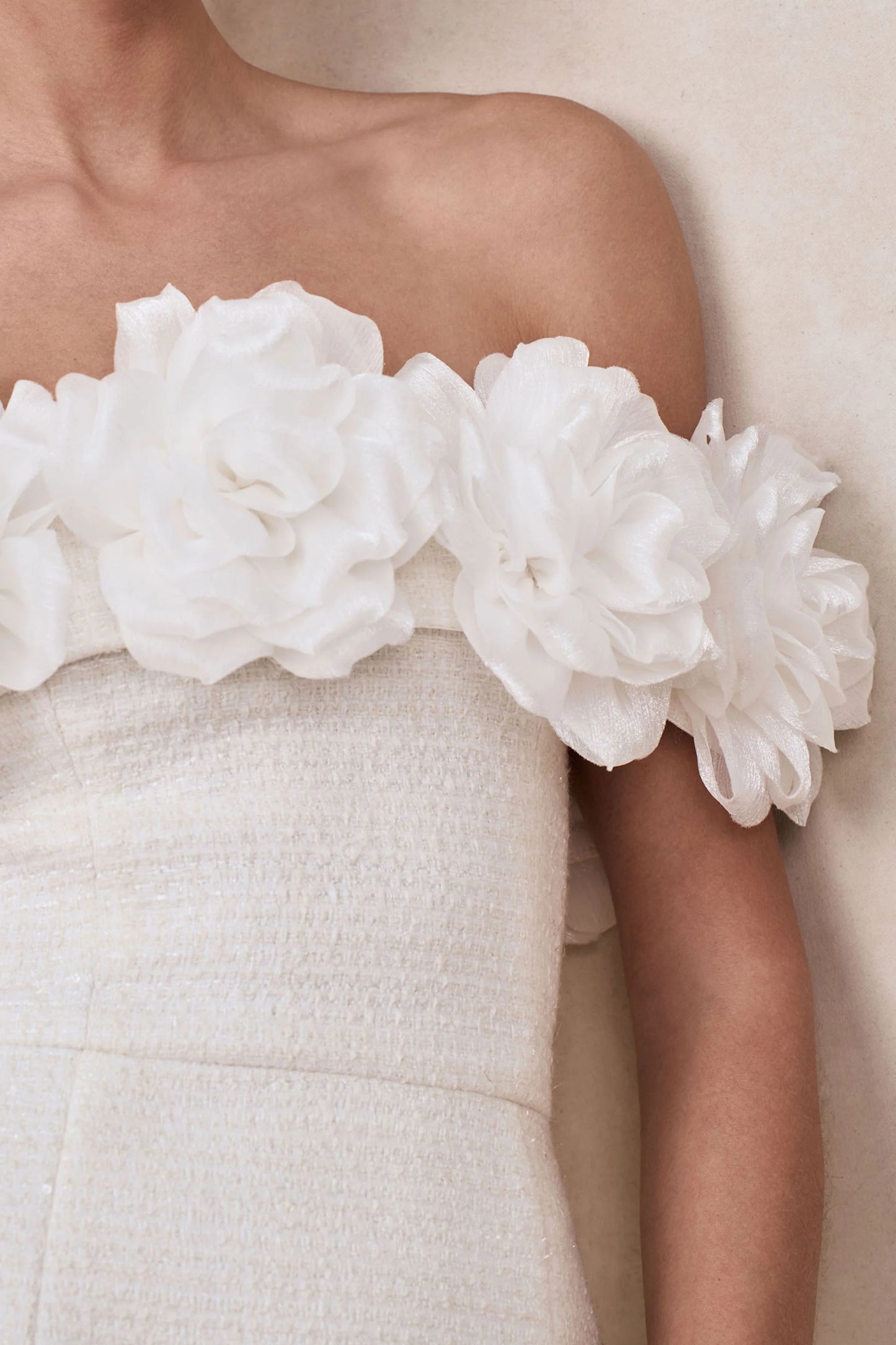 Florinda White Boucle Floral-Bardot Neck Mini Dress