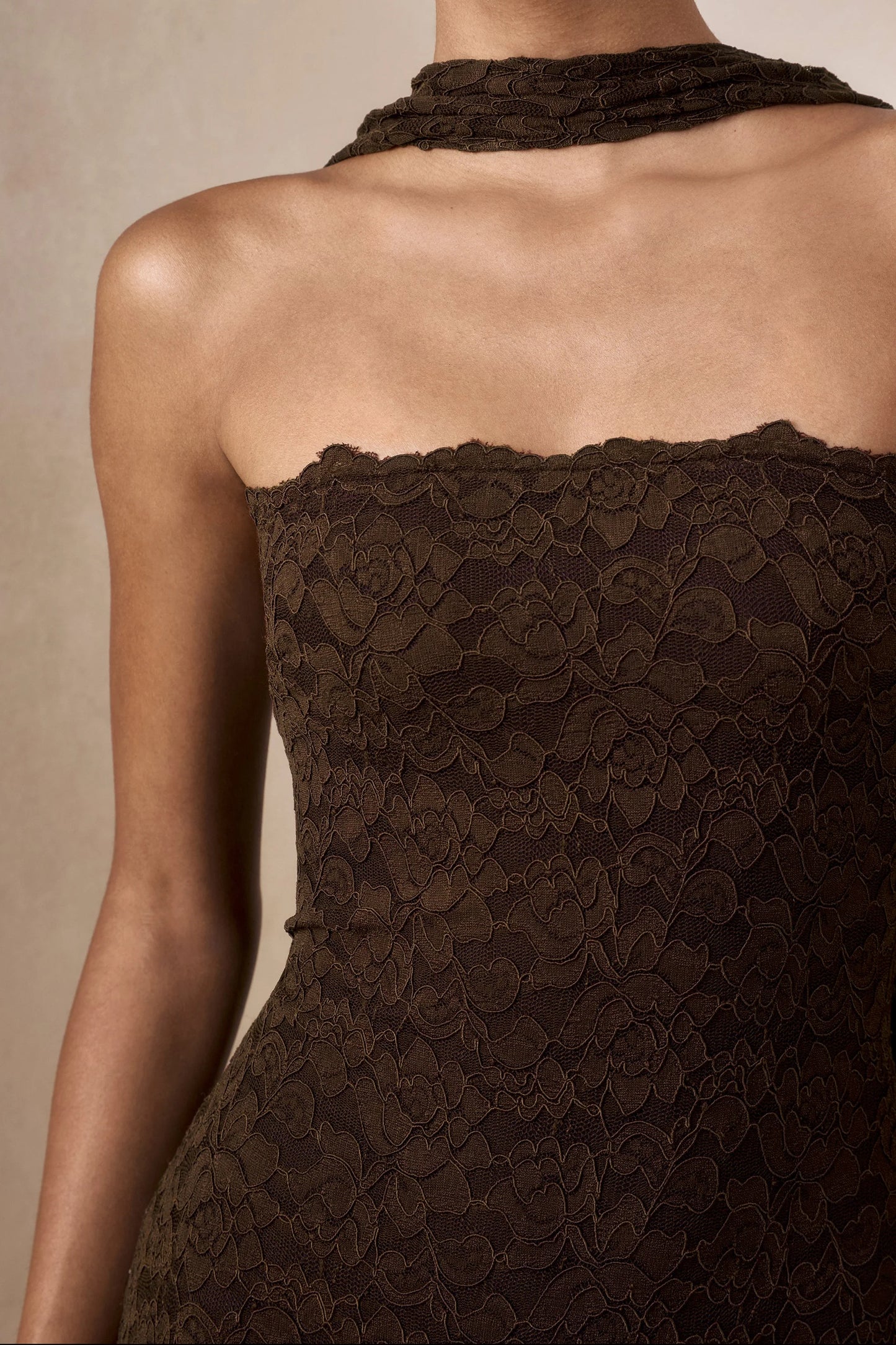 Massima Brown Lace Bandeau Maxi Dress With Scarf-Detail