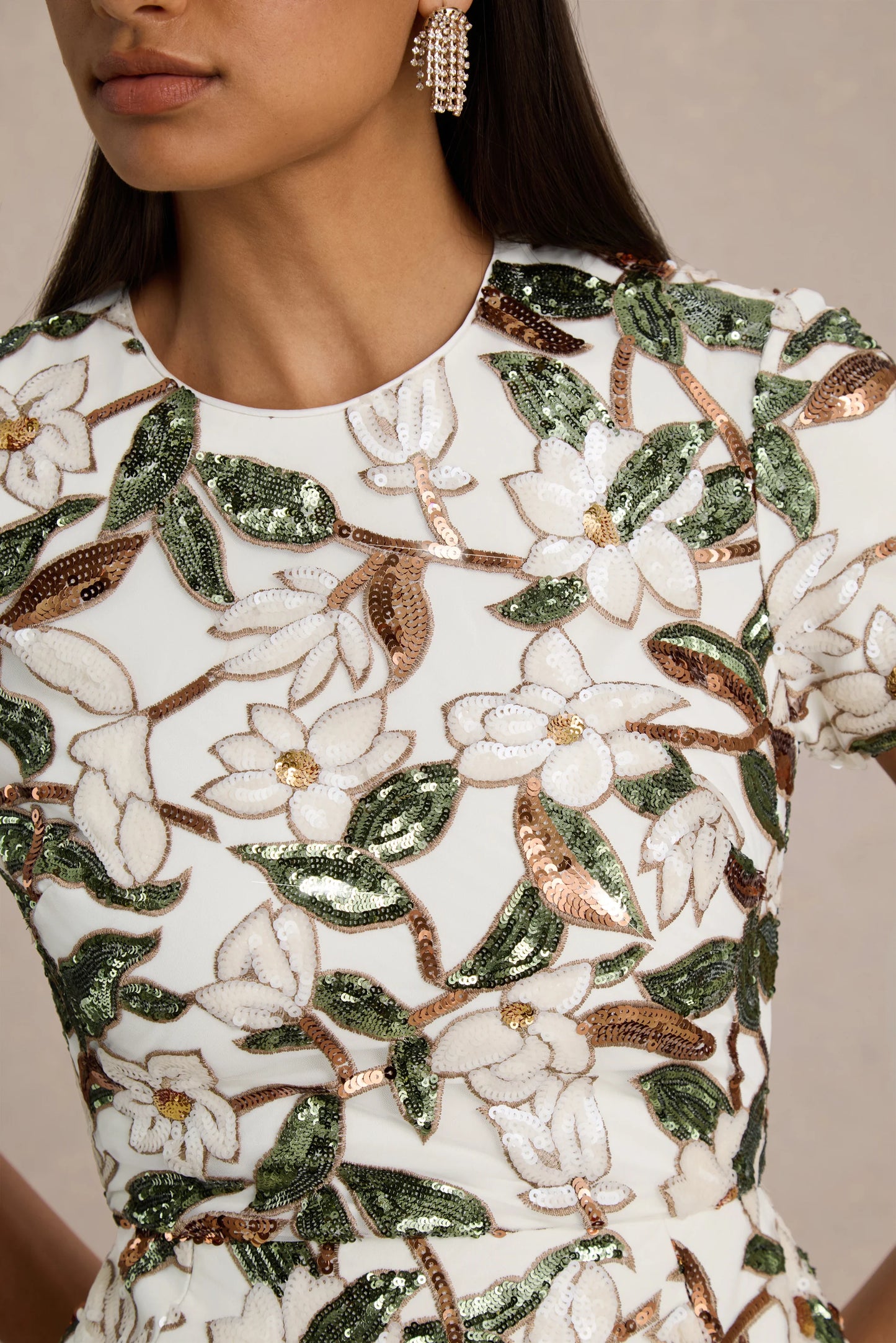 Ophelia White And Green Embellished Sequin Floral And Mesh Mini Dress With Short Sleeves
