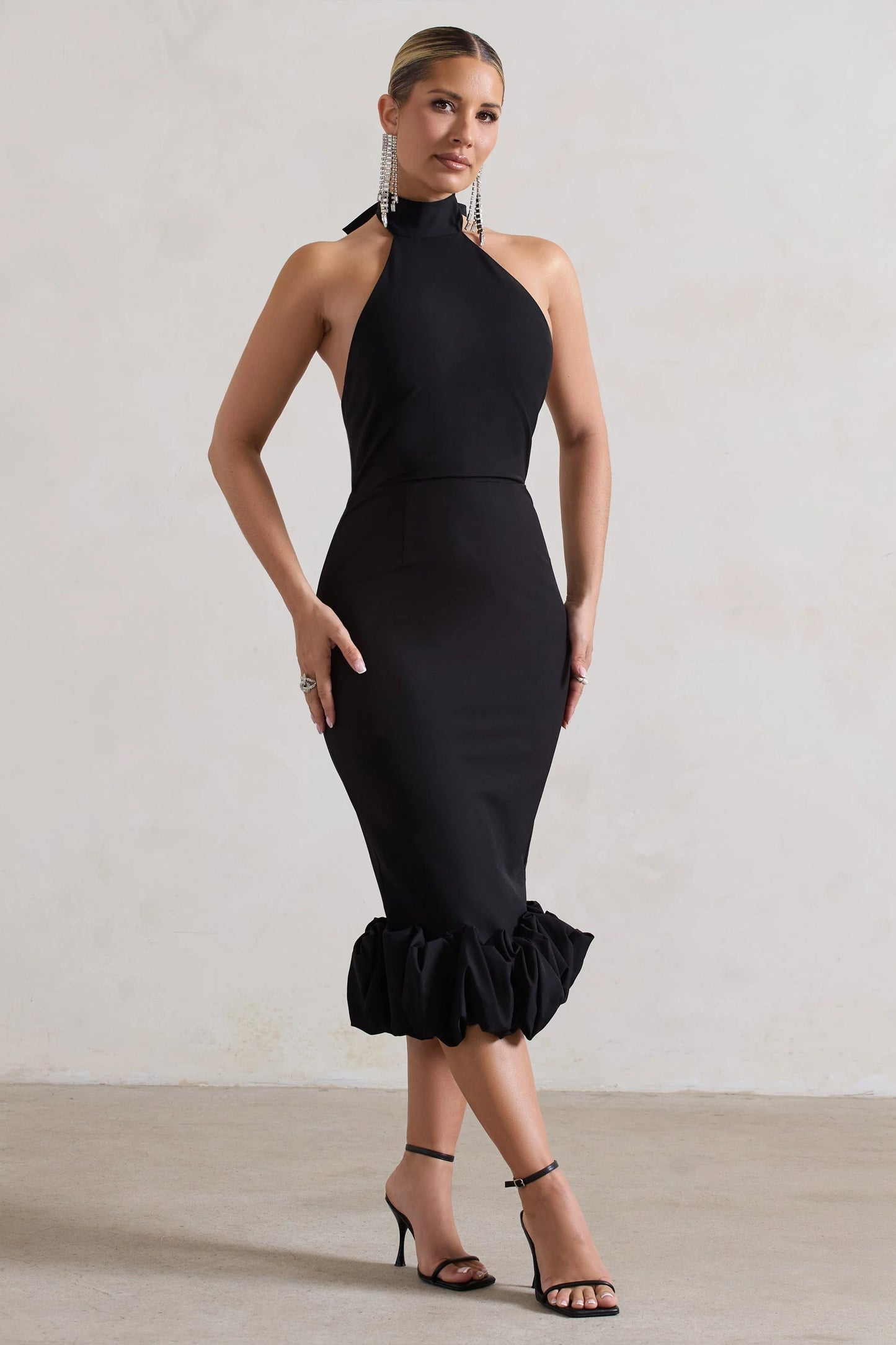 Ashton Black High-Neck Midi Dress With Ruffle Hem