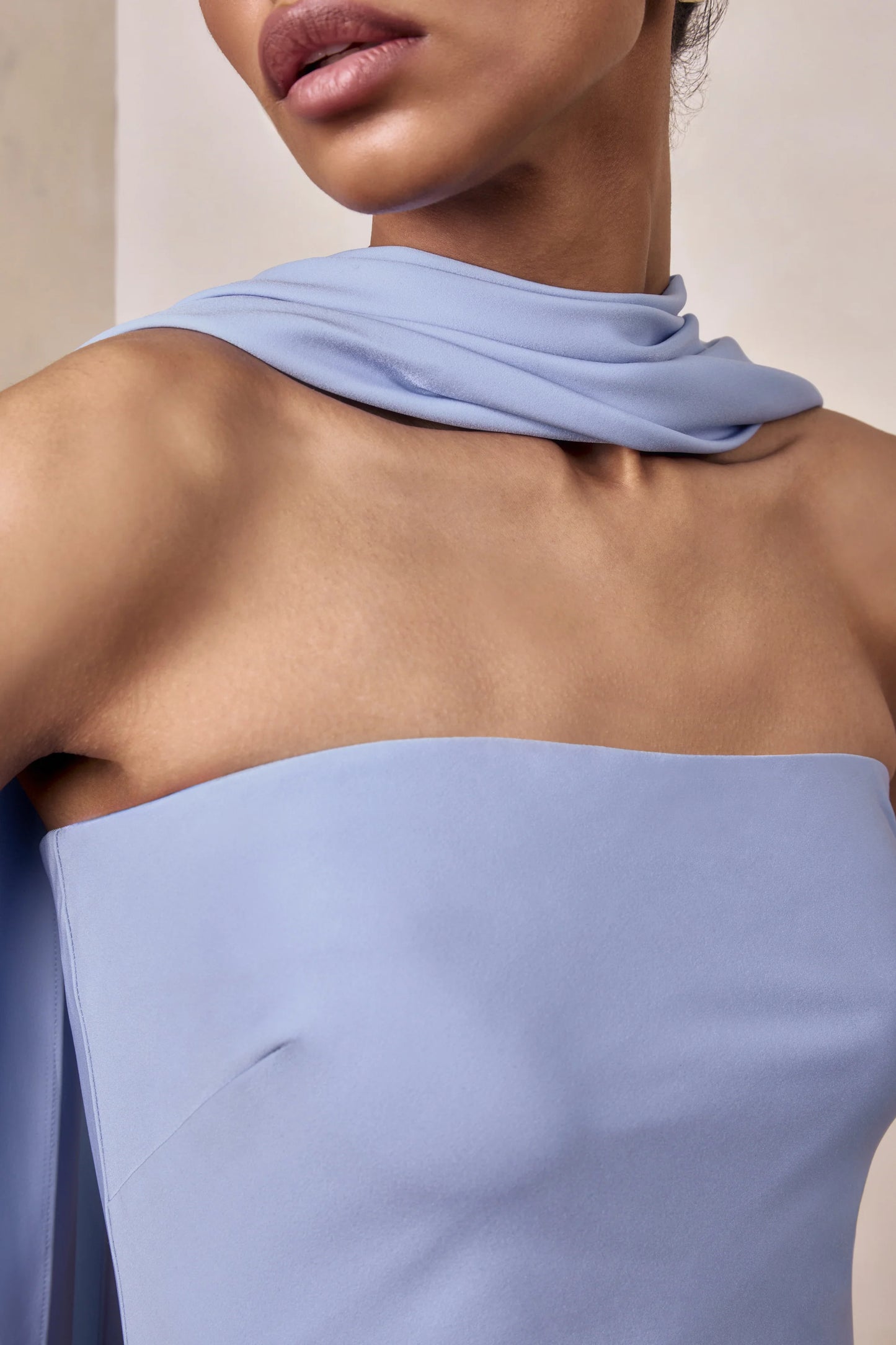Charly Powder Blue Matte Satin Bandeau Maxi Dress With Scarf-Detail