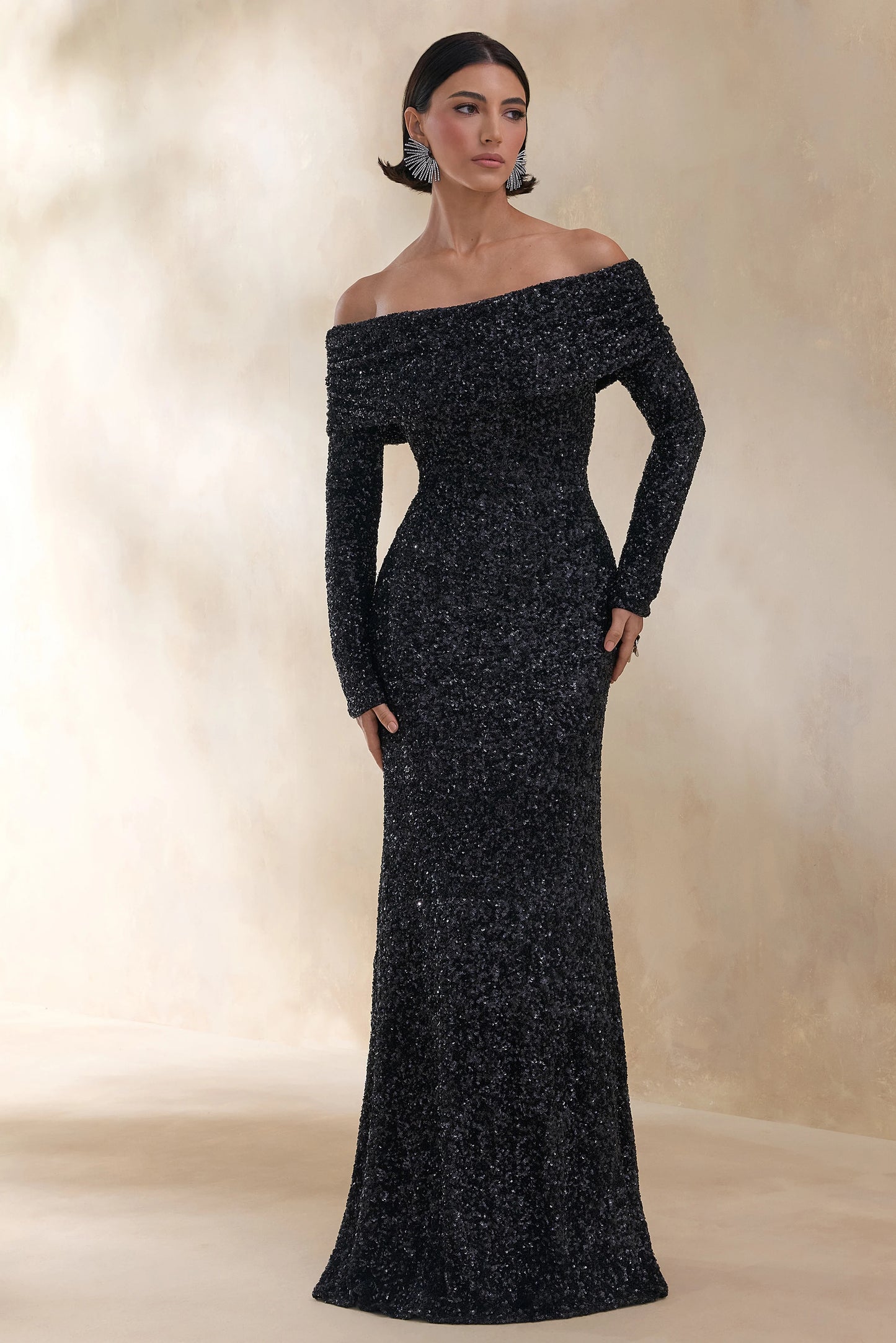 Obsession Black Sequin Bardot-Neck Maxi Dress With Long Sleeves