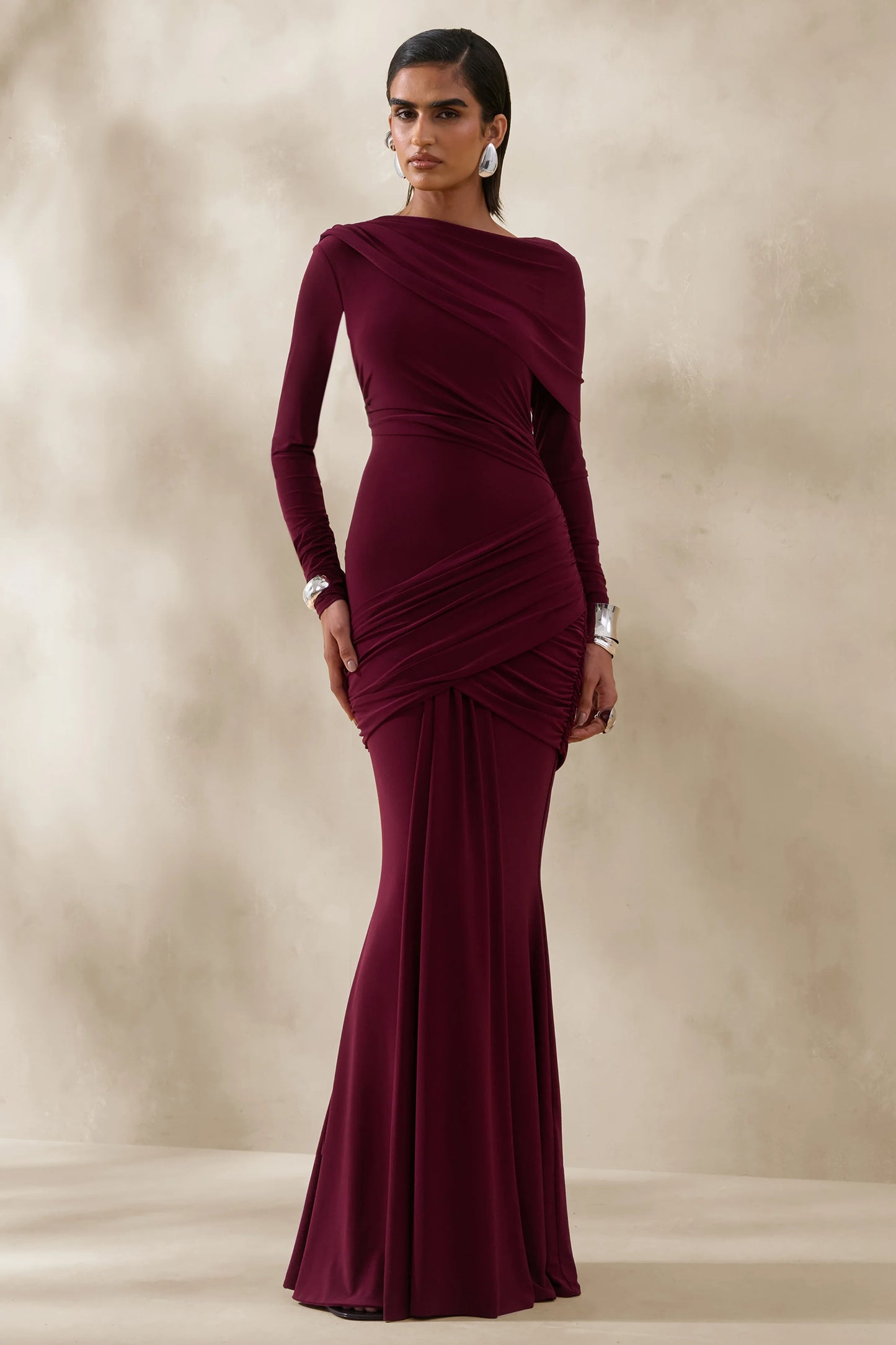 Kessara Burgundy Asymmetric-Neck Maxi Dress With Sash And Gathered-Detailing