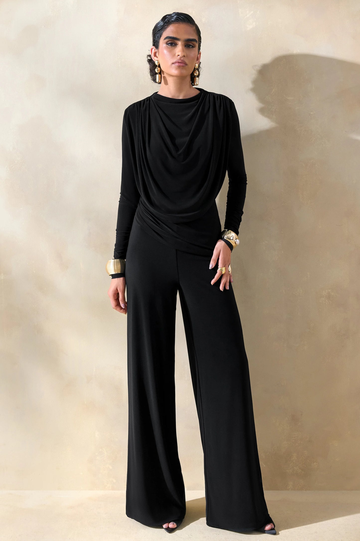 Raniella Black High-Neck Top With Gathered And Draped-Detailing