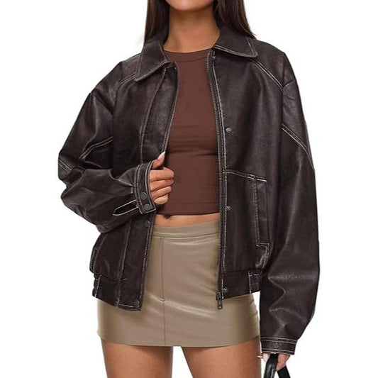 Women's Faux Leather Oversized Bomber Jacket
