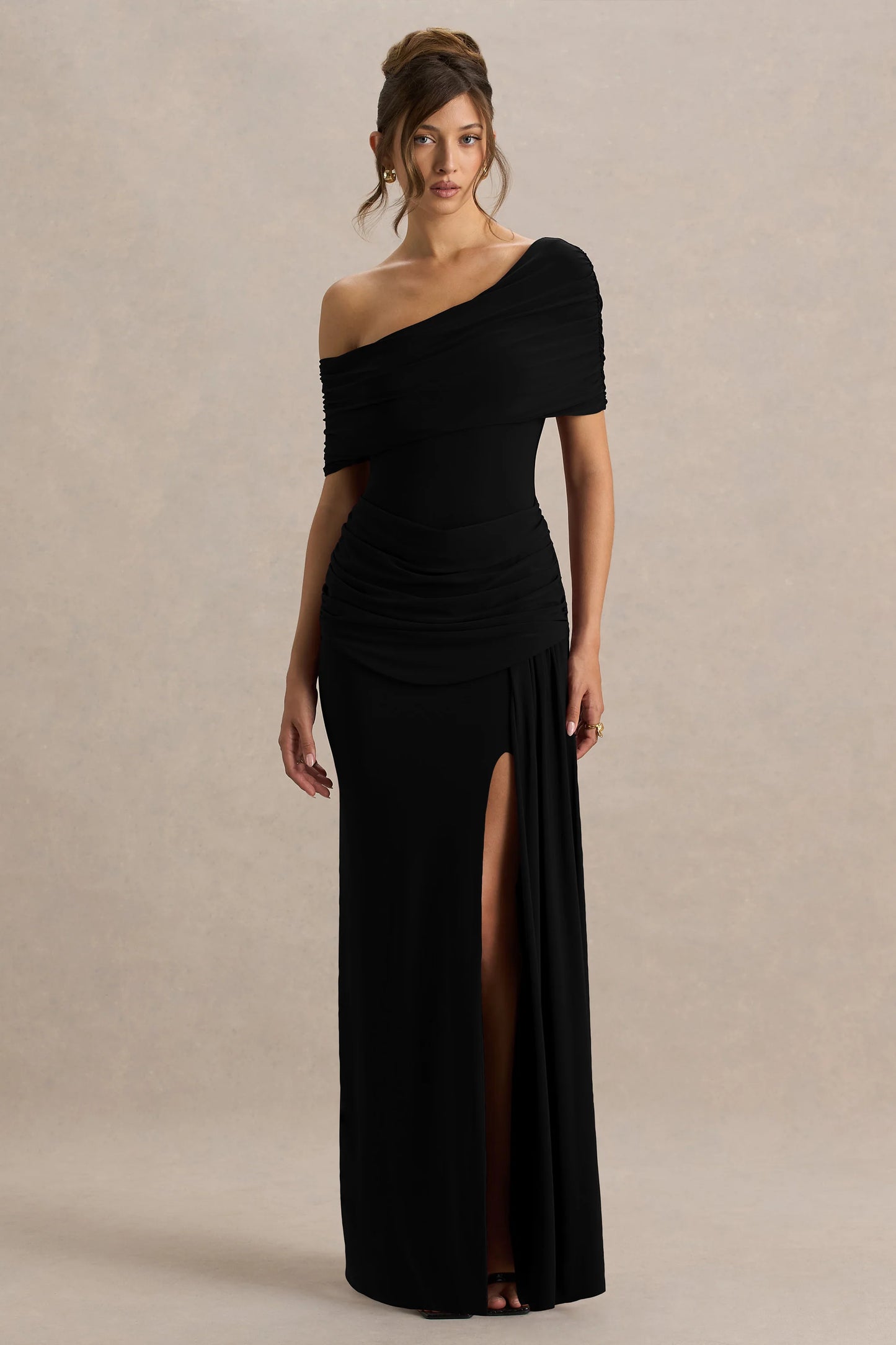 Dynasty Black Asymmetric-Neck Maxi Dress With Ruched Detailing And Front High-Split