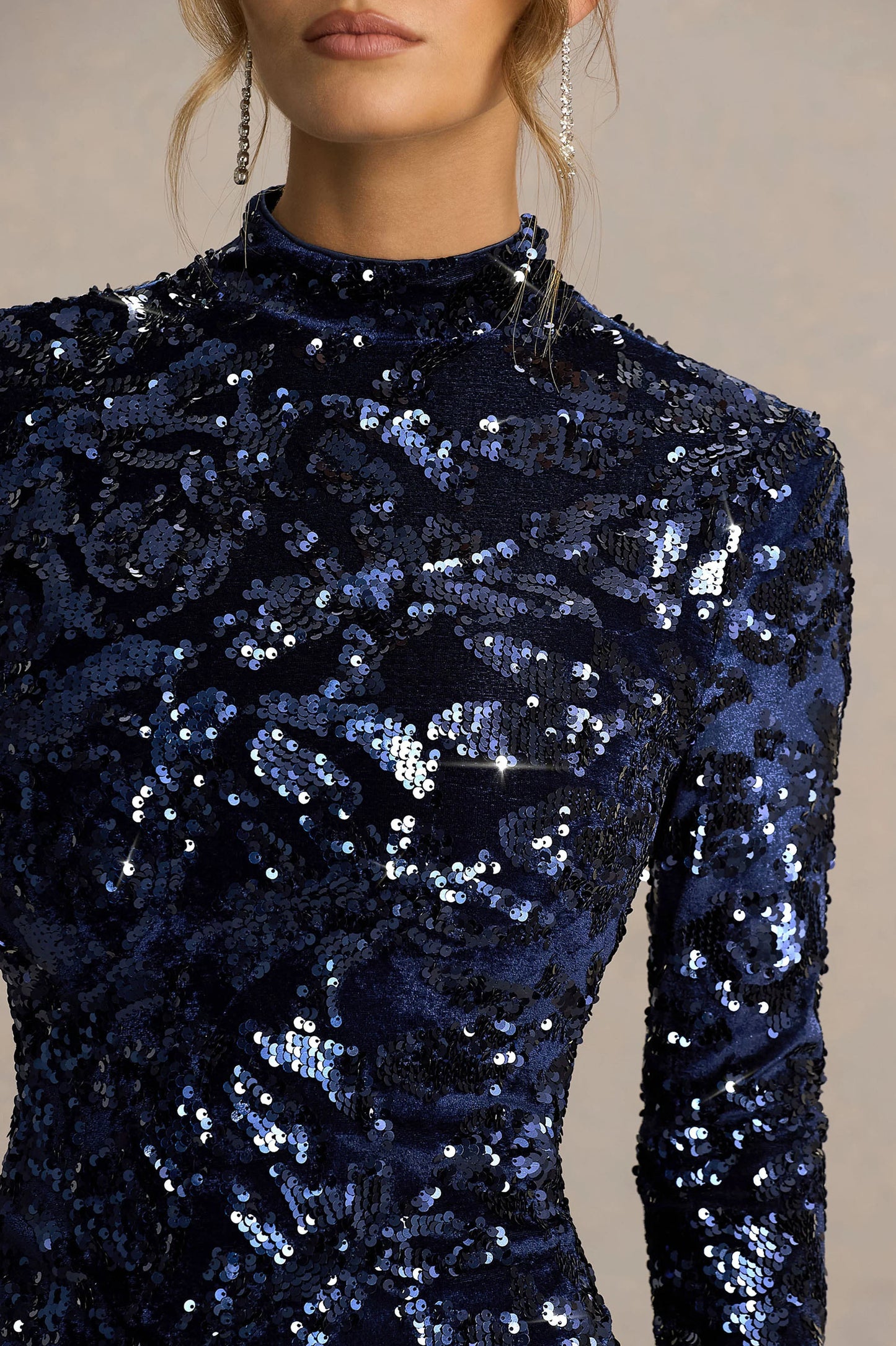 Alanita Navy Velvet And Sequin Embellished High-Neck Midi Dress With Long Sleeves