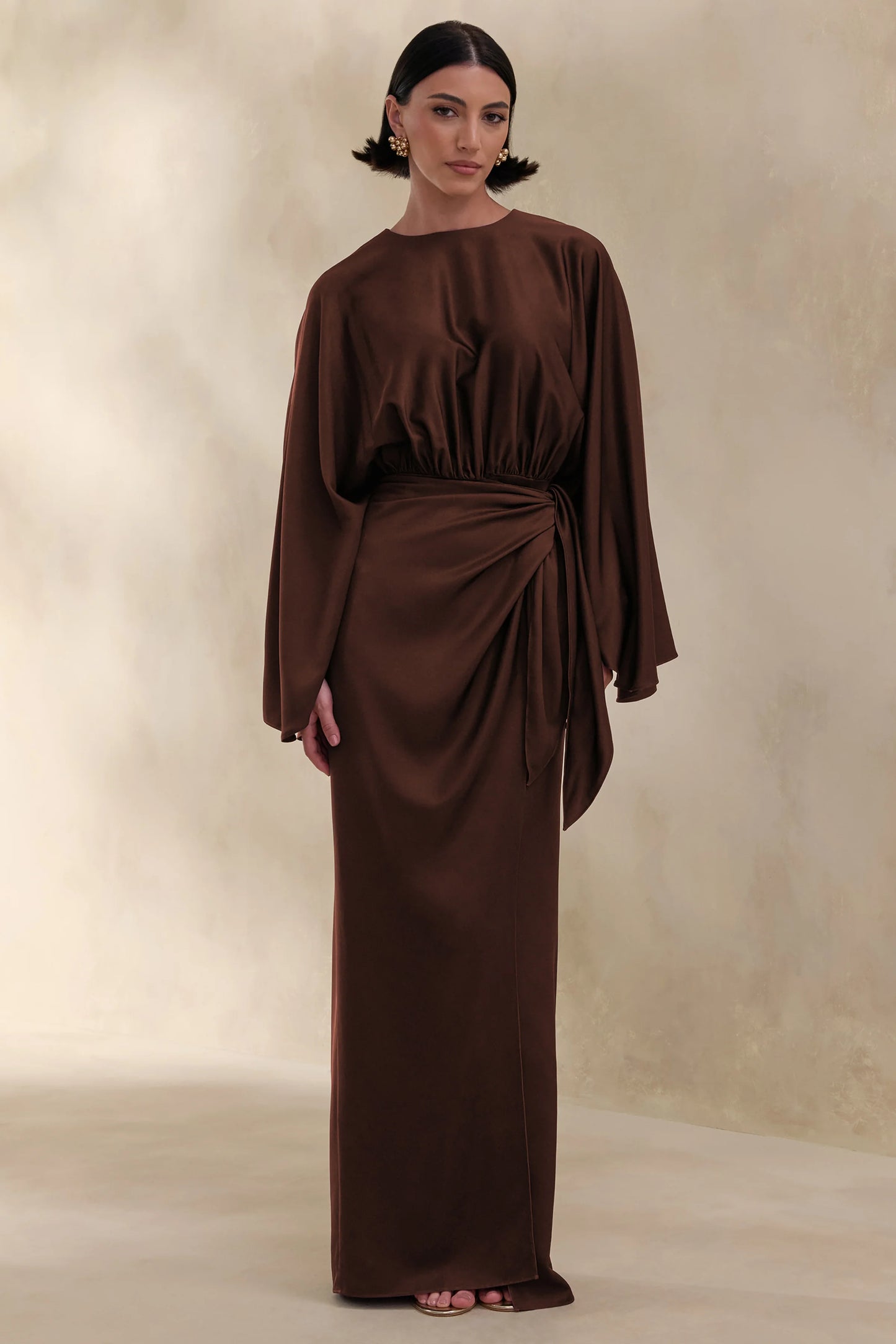 Delphina Brown Satin Maxi Dress With Gathered And Knot-Detail
