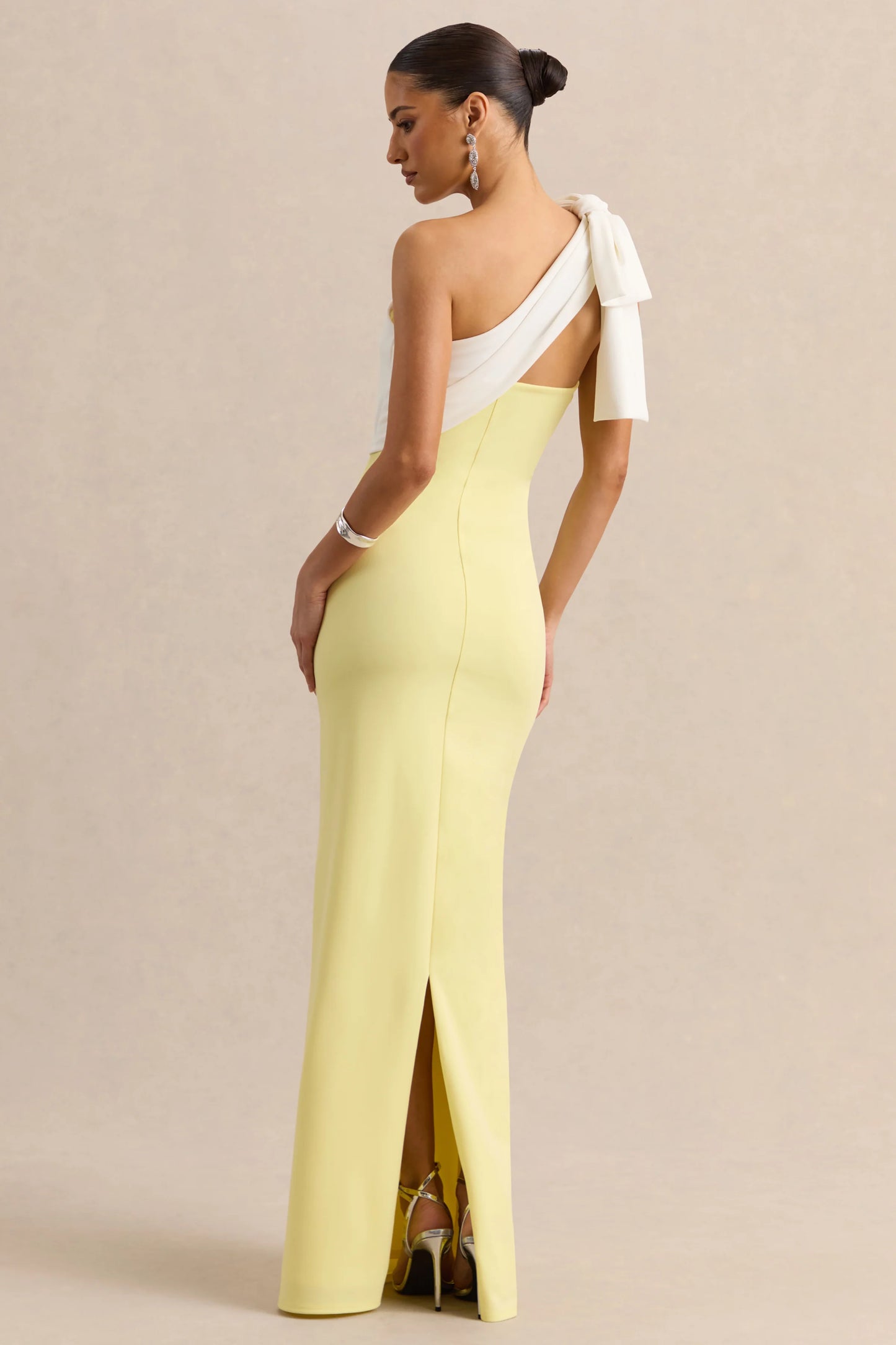 Adara Lemon & White Asymmetric-Neck Maxi Dress With Bow-Detail