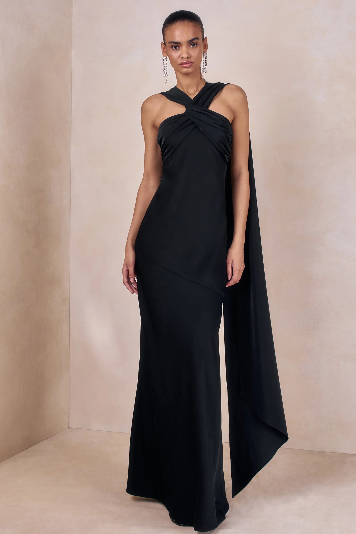Sloane Black Matte Satin Halter-Neck Maxi Dress With Cape