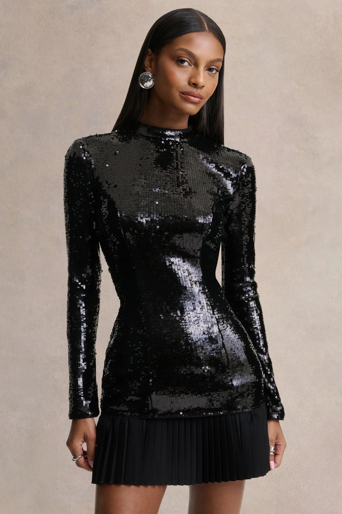 North Black Sequin High-Neck Mini Dress With Pleats