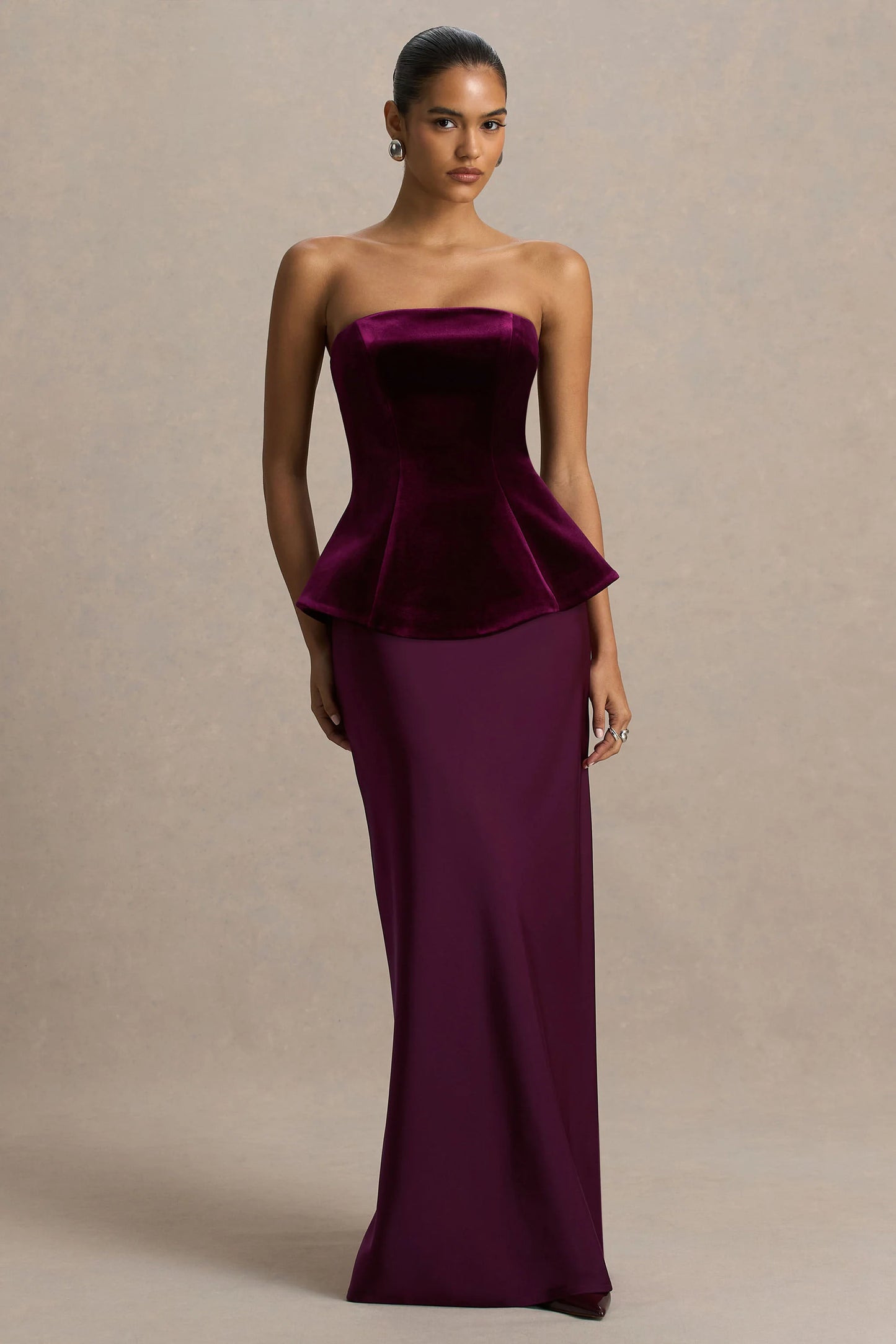 Indulgent Burgundy Velvet And Satin Bandeau Corset Maxi Dress