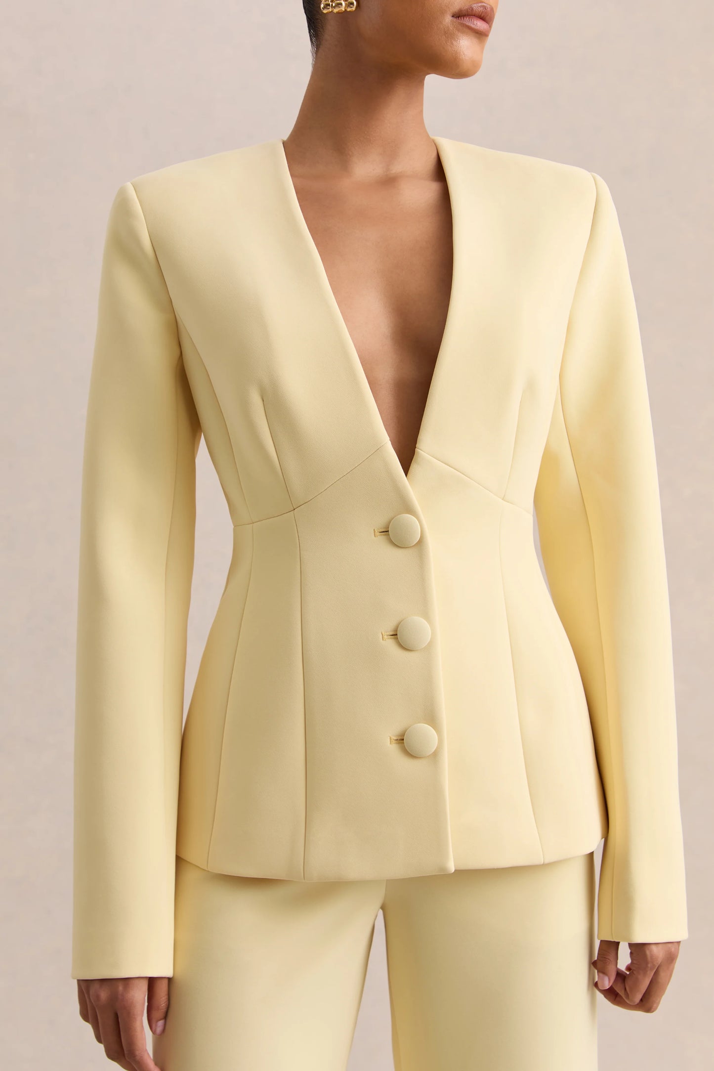 Rosalina Lemon Extreme-Plunge Neck Tailored Blazer