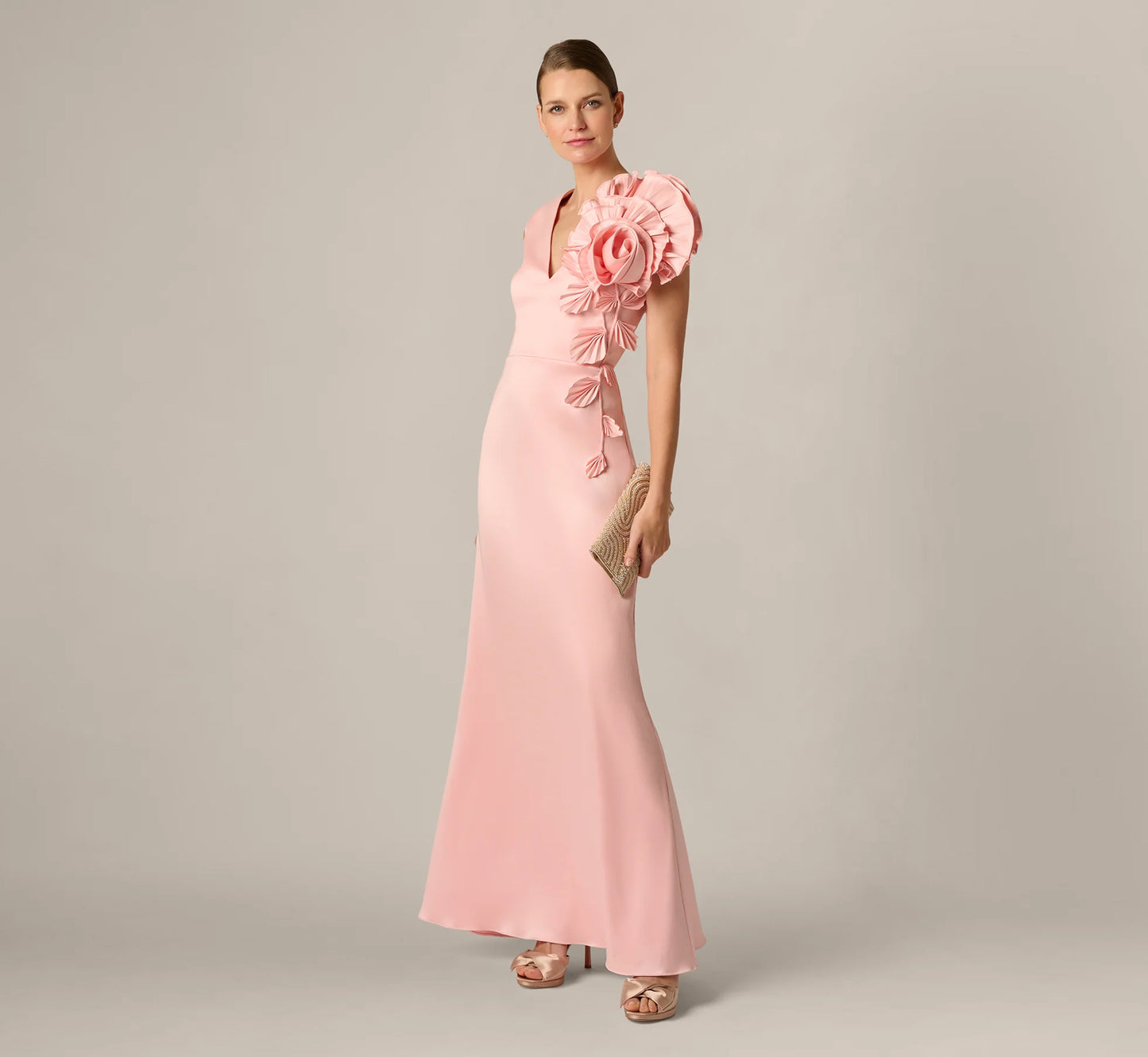 Stretch Mikado Rosette Shoulder Gown In Pink Cloud