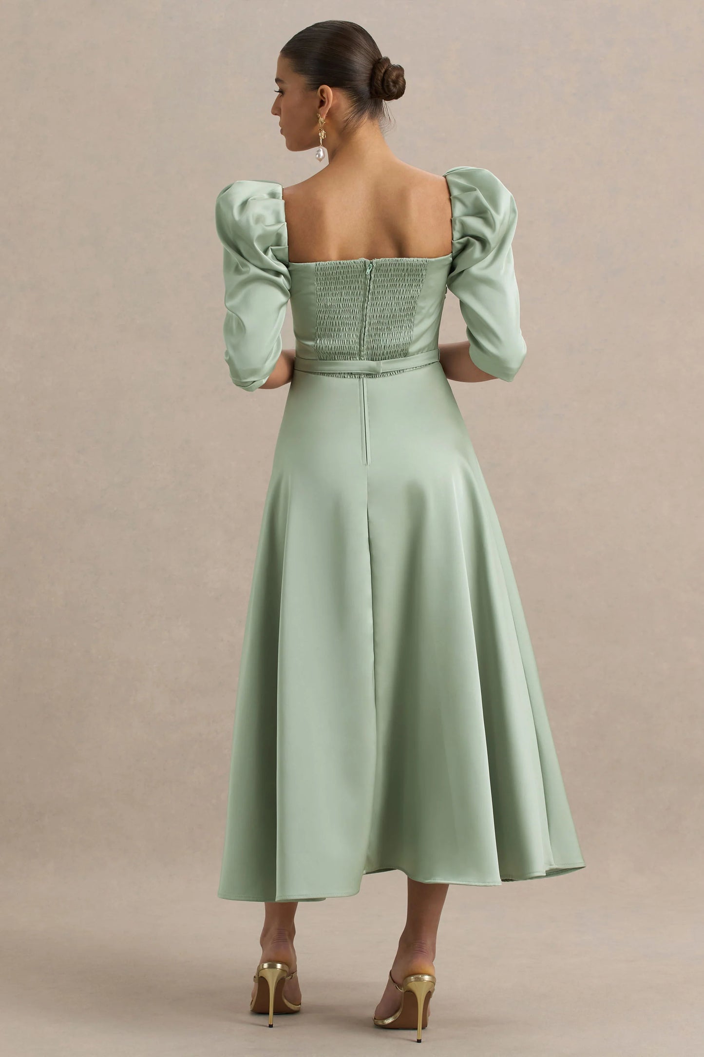 Rosey Green Satin Sweetheart Midi Dress