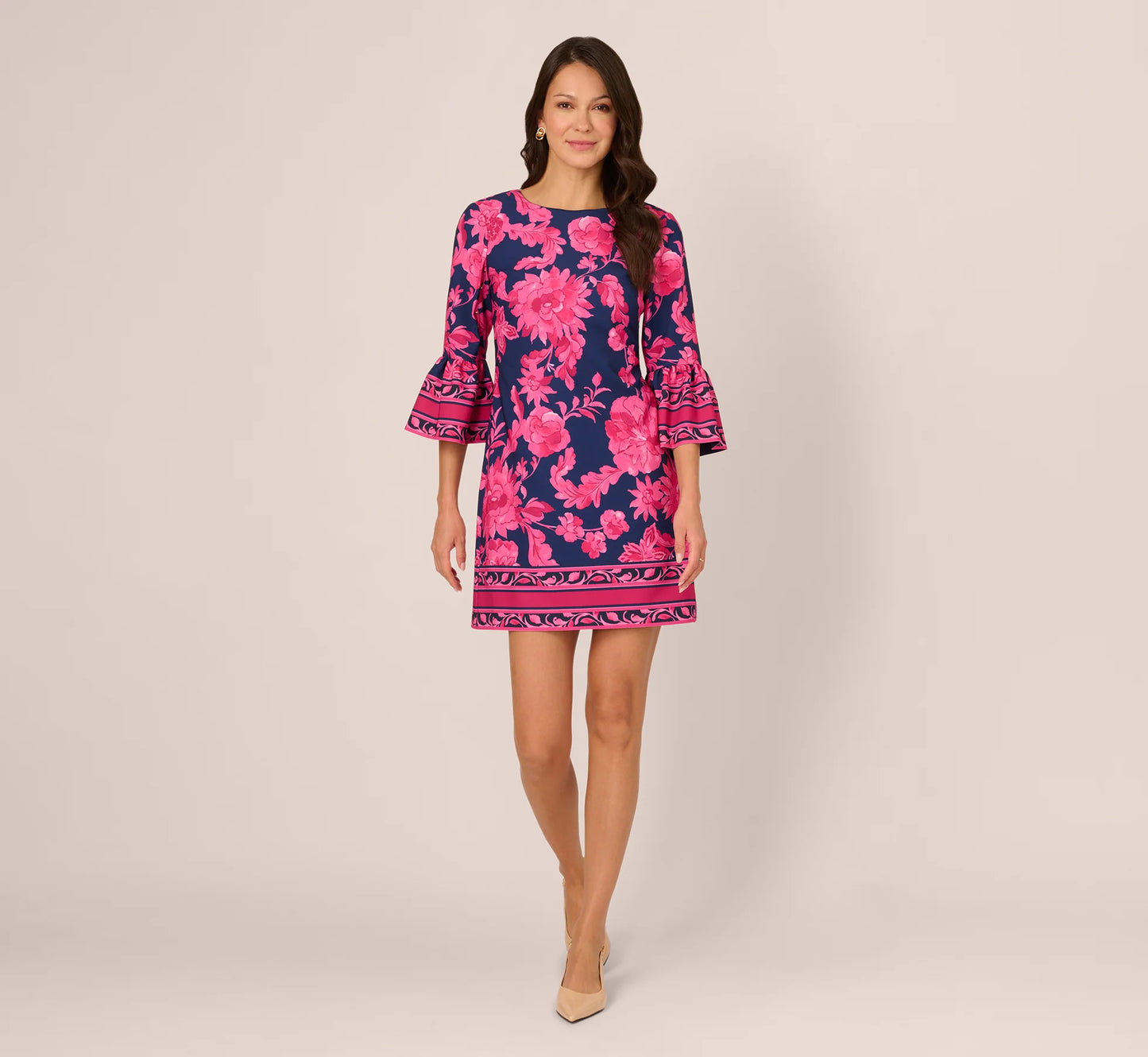 Bell Sleeve Floral Twill Short Dress In Navy Multi