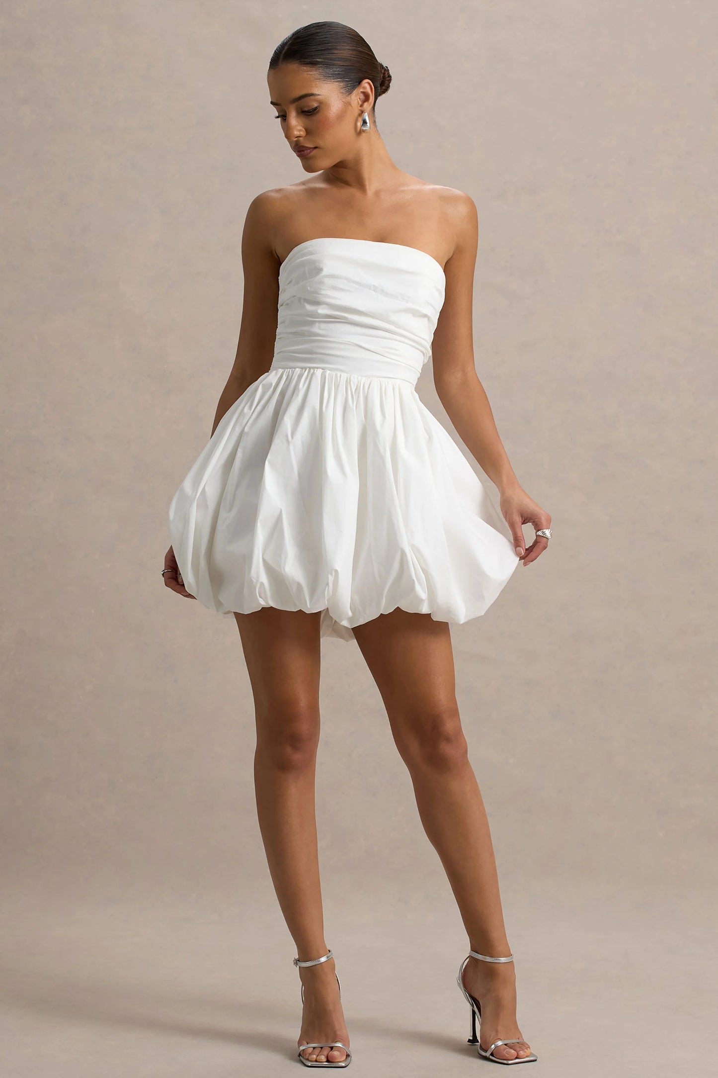 Faye White Puff Ball Bandeau Micro Mini Dress With Ruching Details