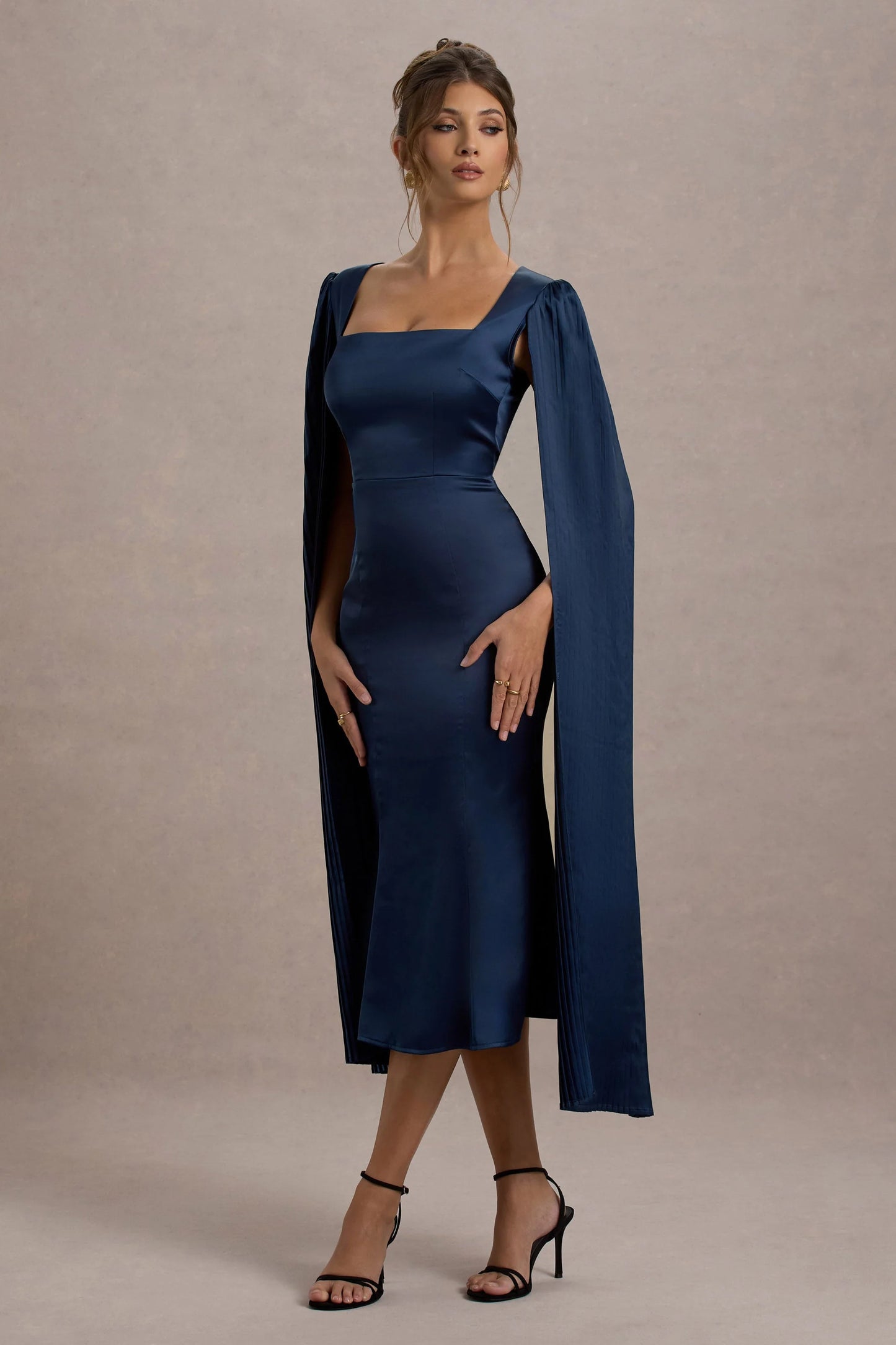 Nalda Navy Square-Neck Midi Dress With Cape Sleeves
