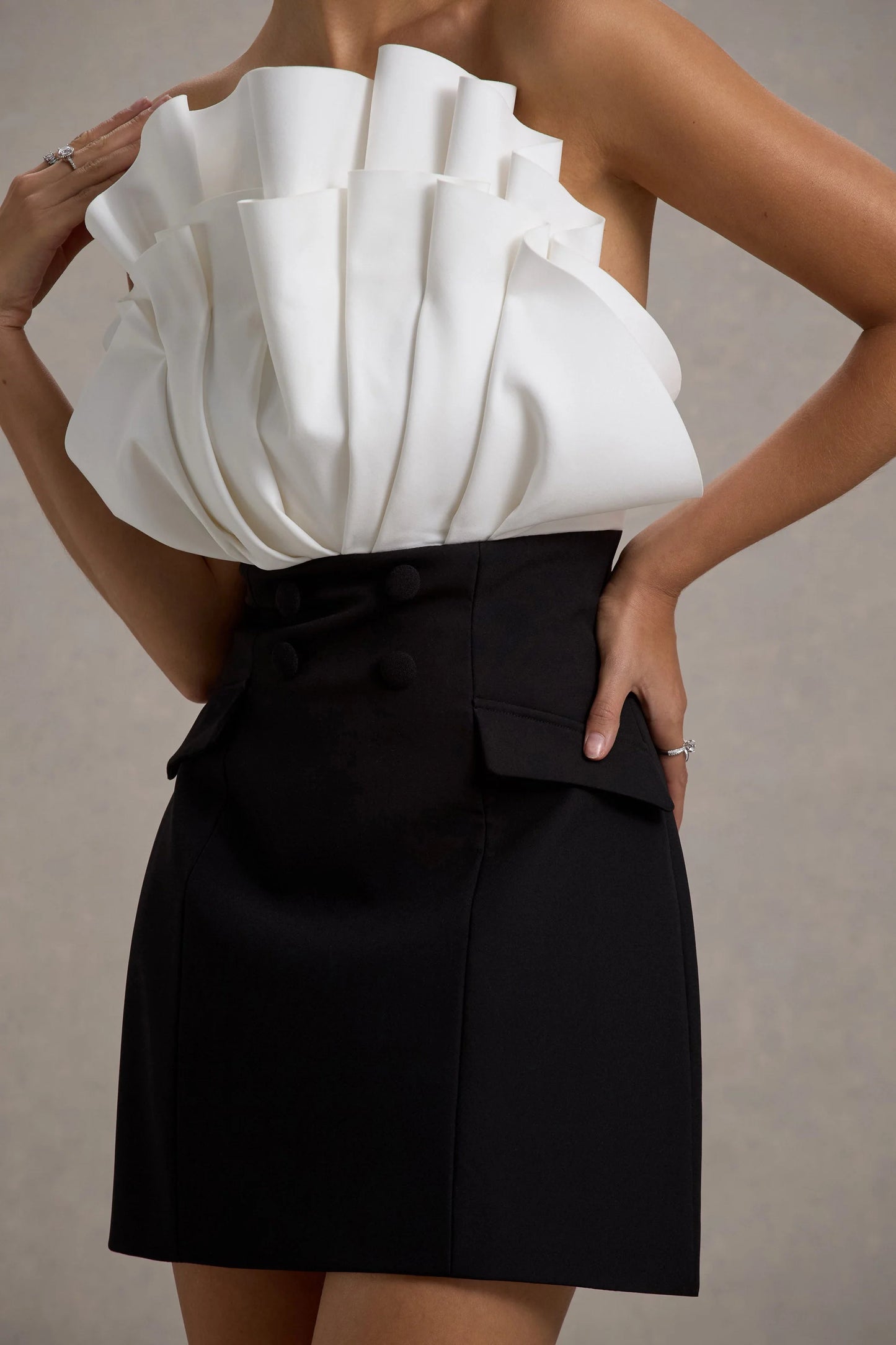 Clare Black & White Ruffled Strapless Tailored Mini Dress