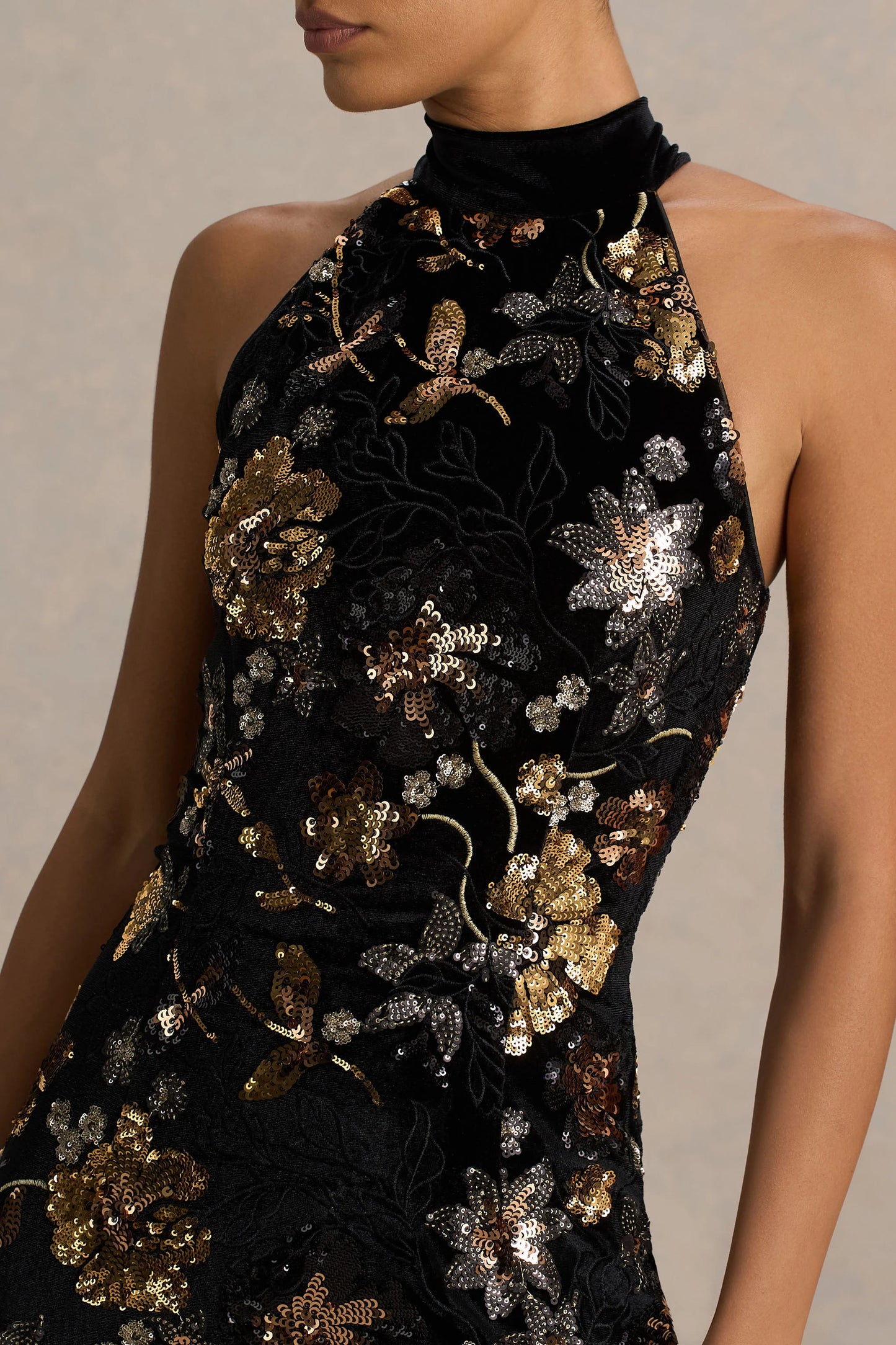 Tate Black Velvet Halter-Neck Maxi Dress With Bronze Floral Sequin Embellishments