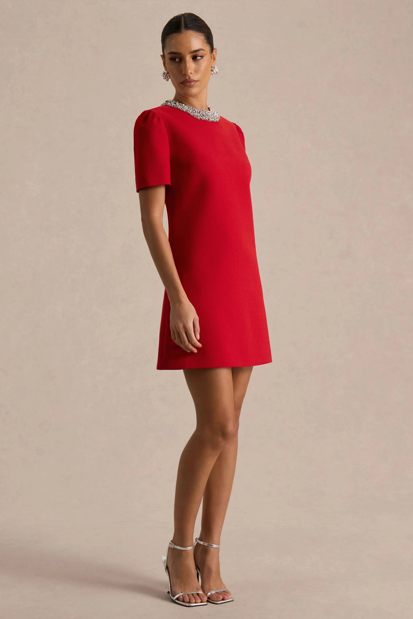 Jackie Red Embellished High-Neck Mini Dress