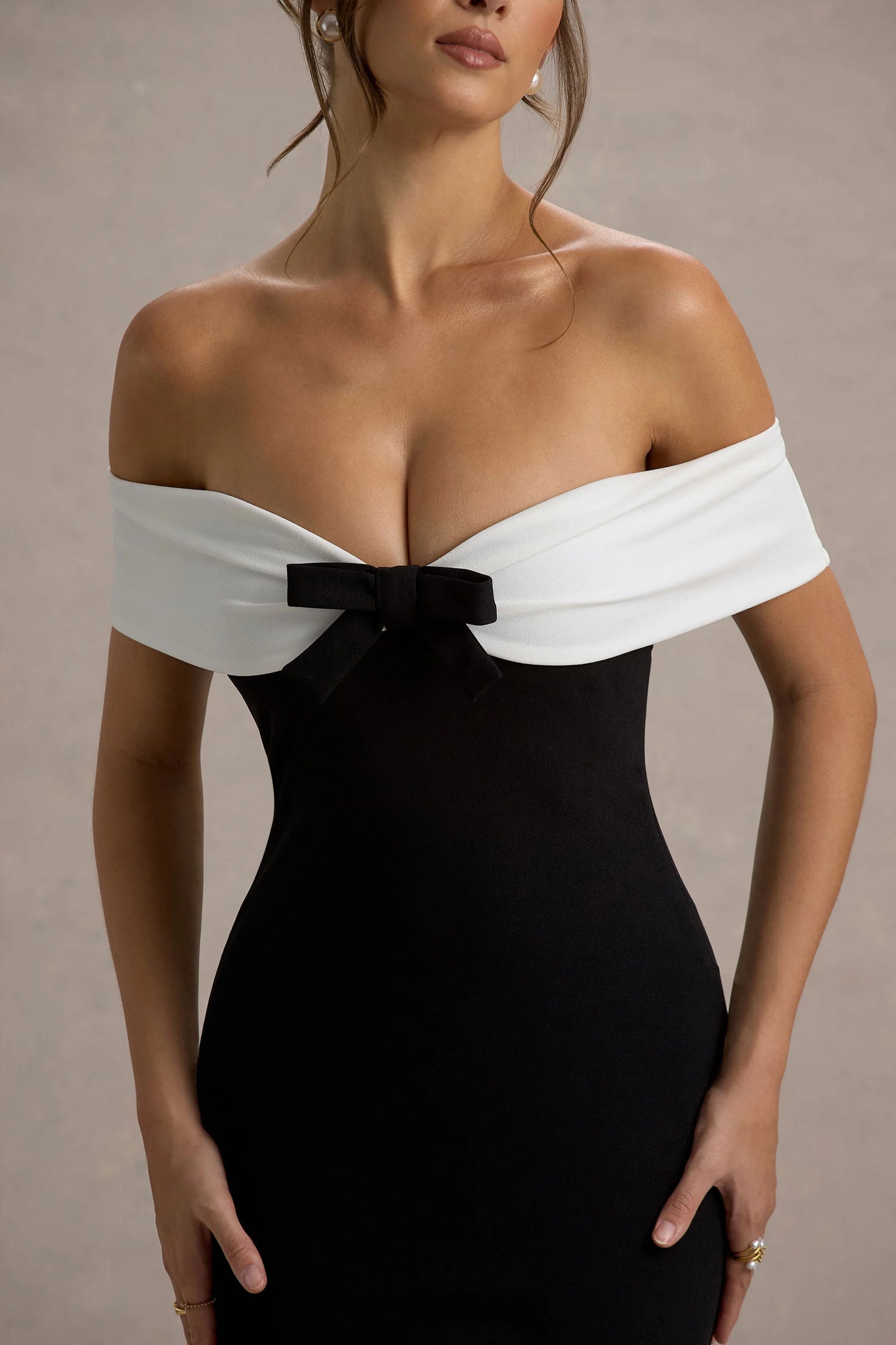 Corola Black & White Bardot Volume-Hem Midi Dress