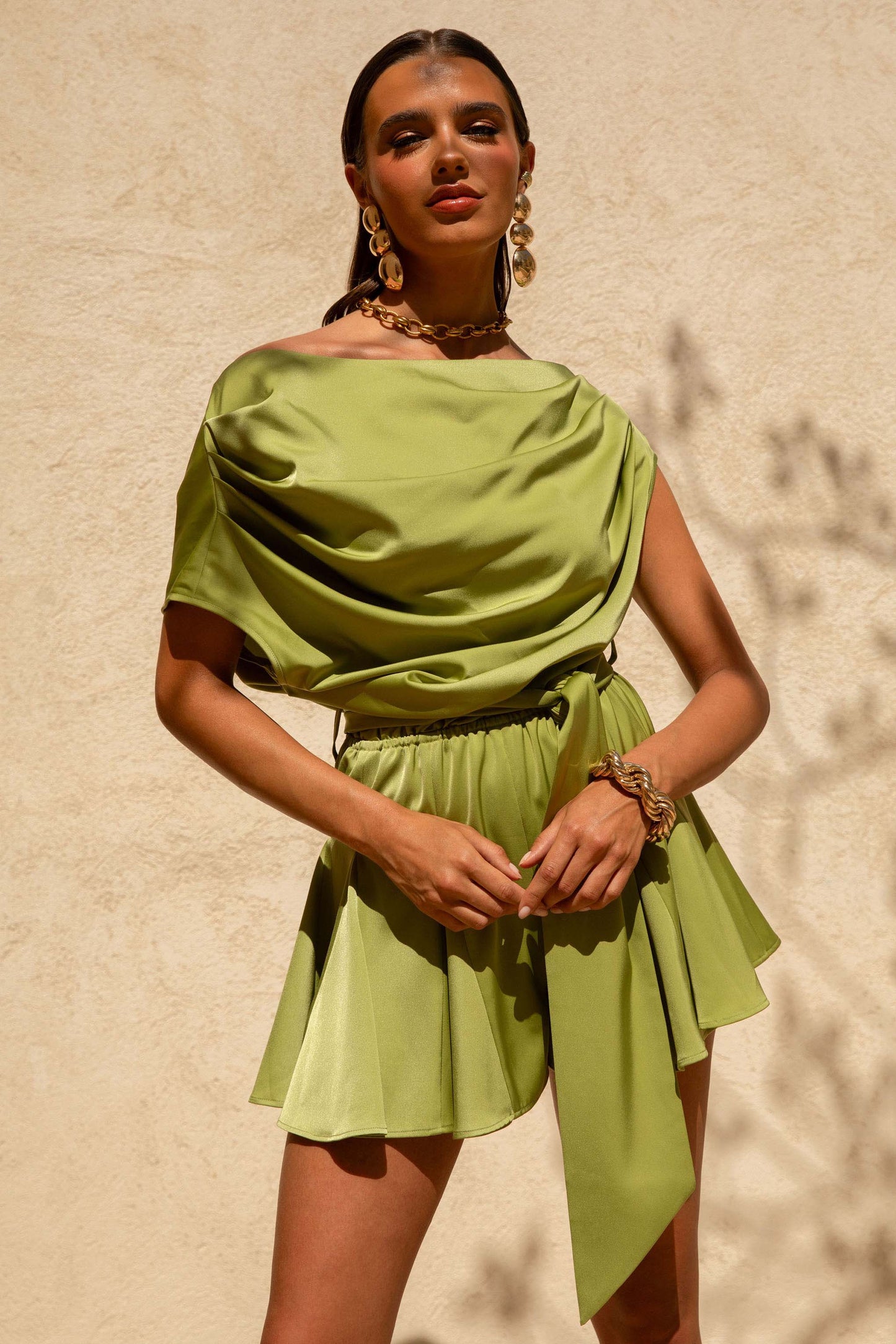Clydie Olive Satin Asymmetric Playsuit With Tie-Waist