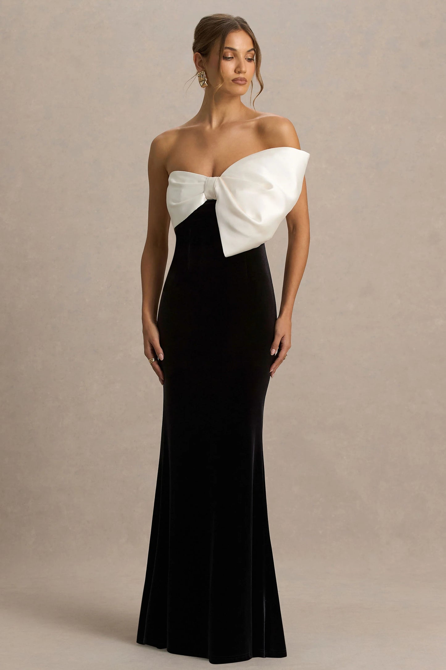 Divulge Black And White Velvet Asymmetric-Neck Maxi Dress With Bow Detail