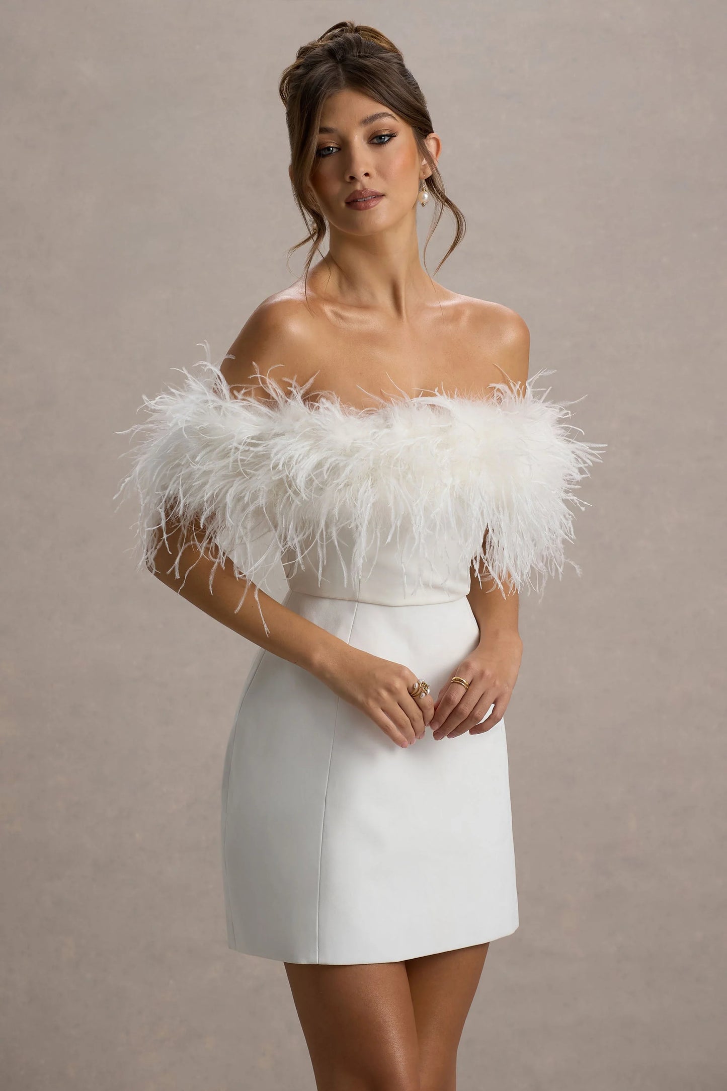 Palace White Bardot Mini Dress With Feather Trim