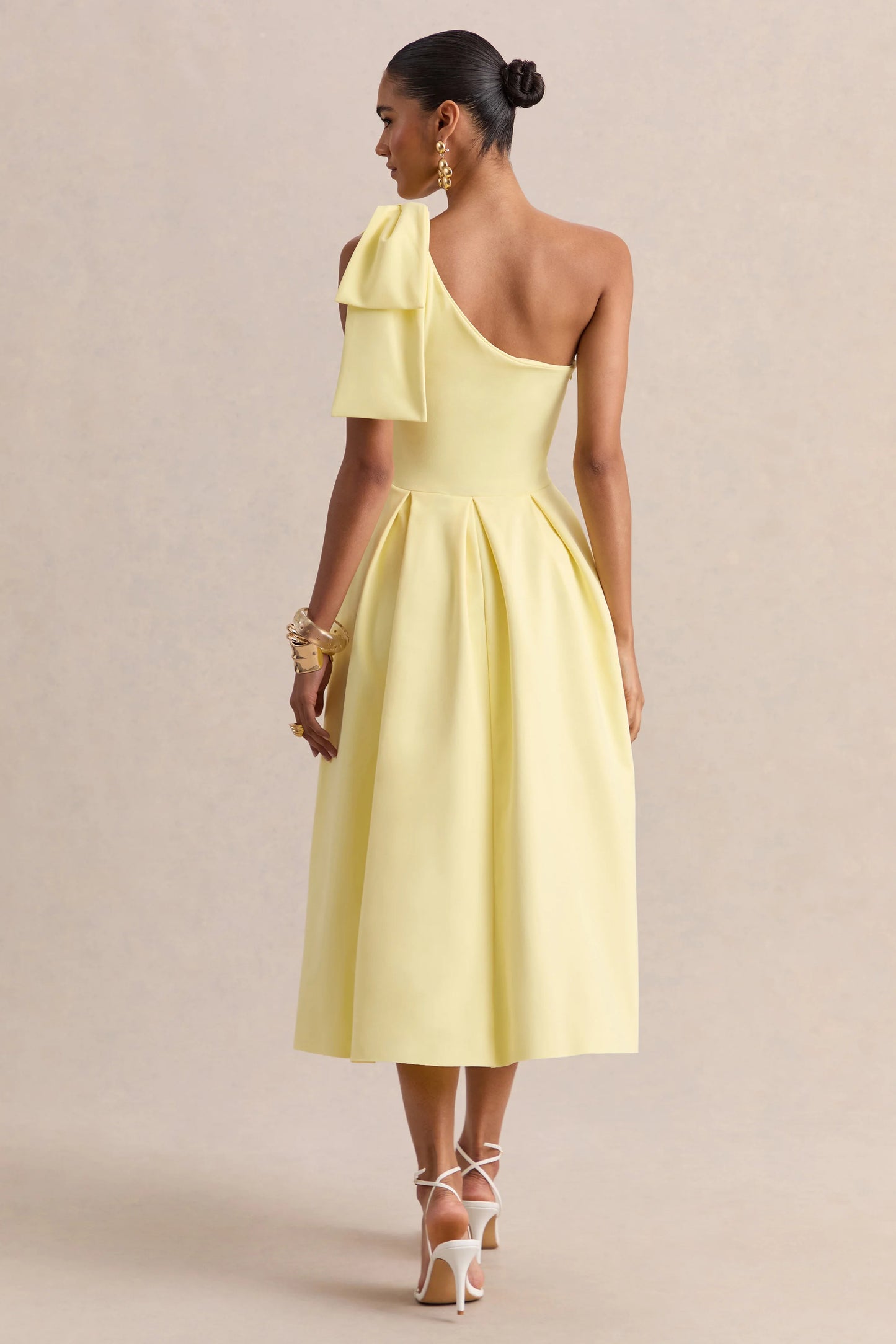Meria Lemon Asymmetric-Neck Midi Dress With Bow-Sleeve