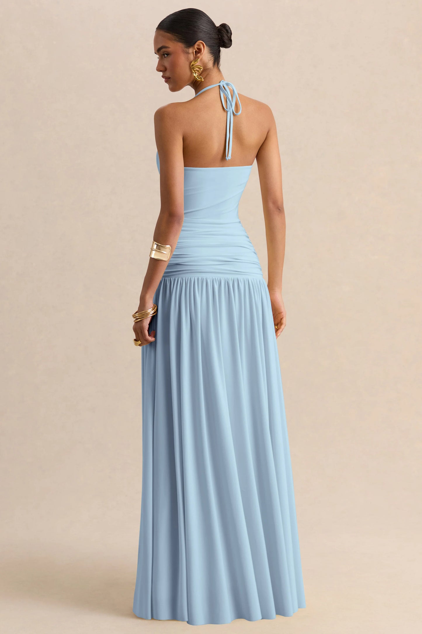 Nicolette Powder Blue Square-Neck Maxi Dress With Ruched-Detailing