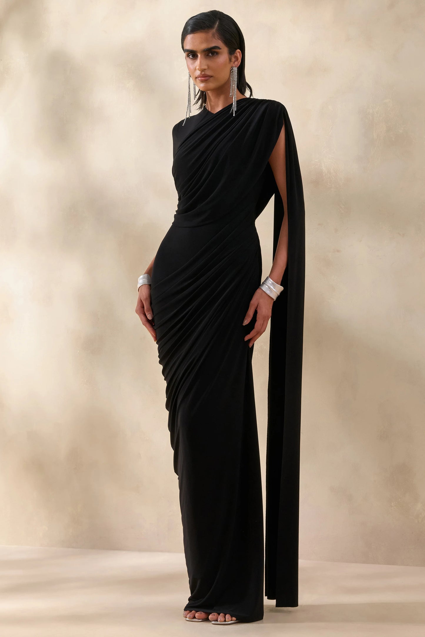 Gisara Black High-Neck Maxi Dress With Sash And Draped-Detailing