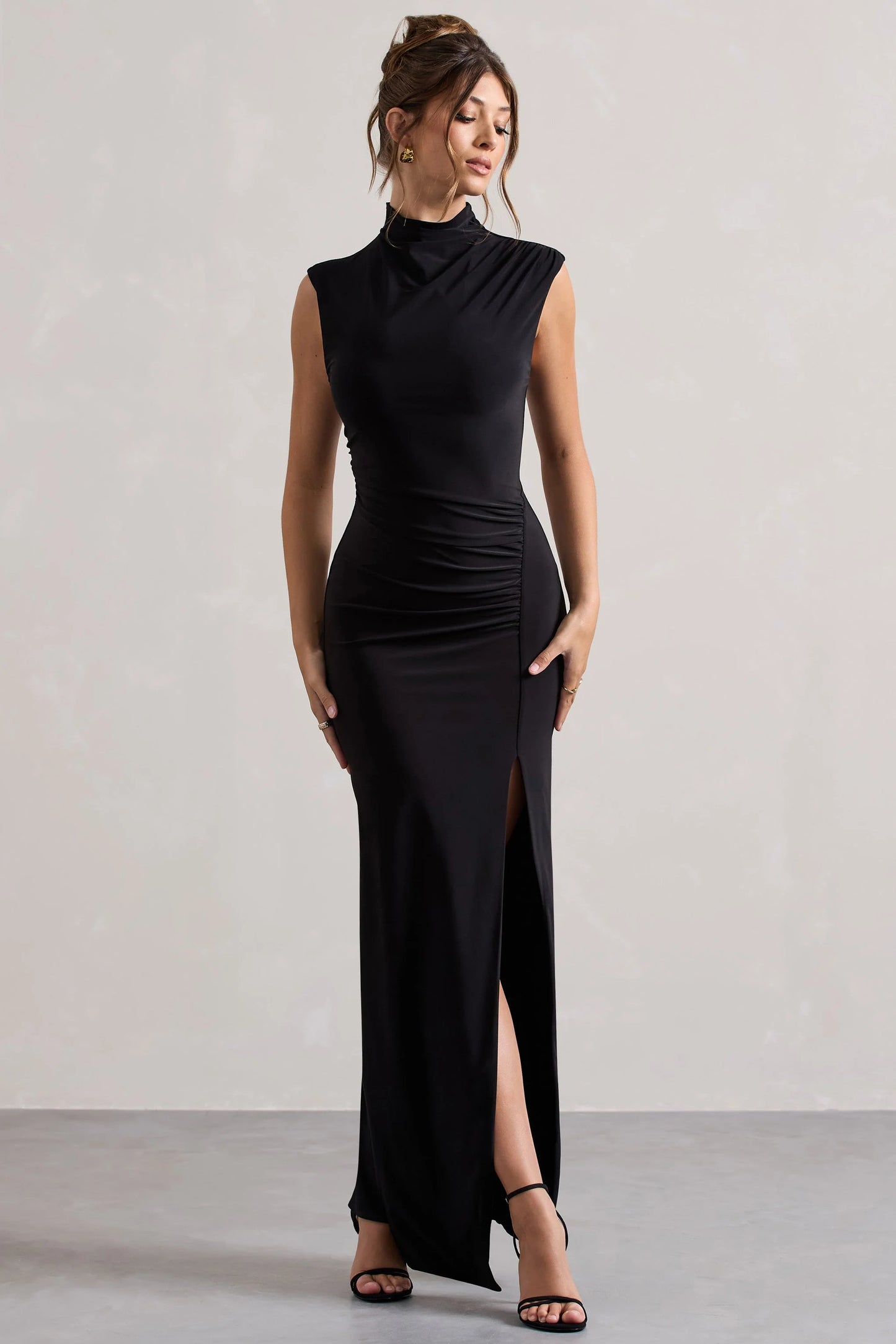 Lanetta Black Ruched High-Neck Maxi Dress With Split