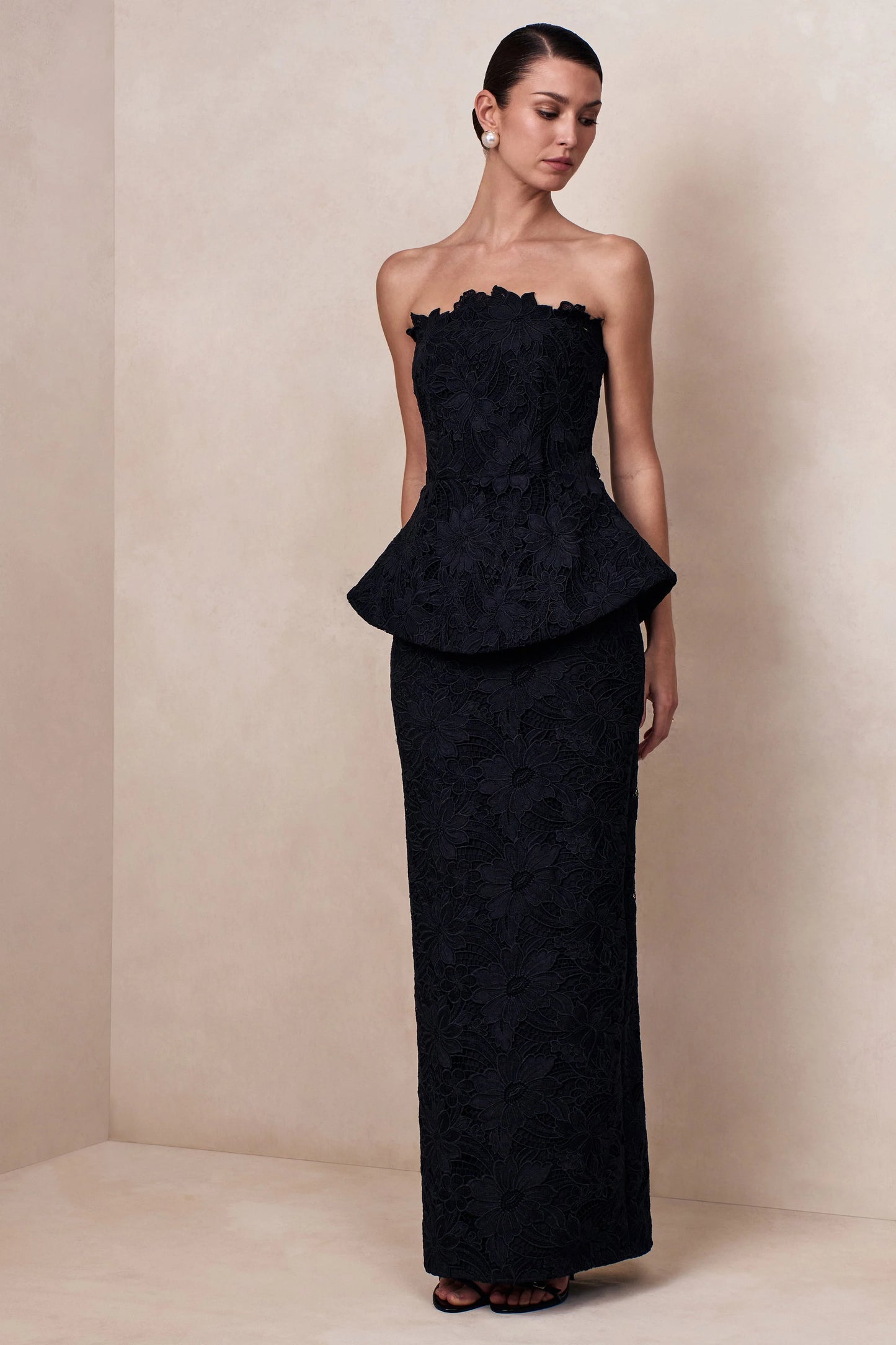Delvine Black Lace Bandeau Corset Maxi Dress