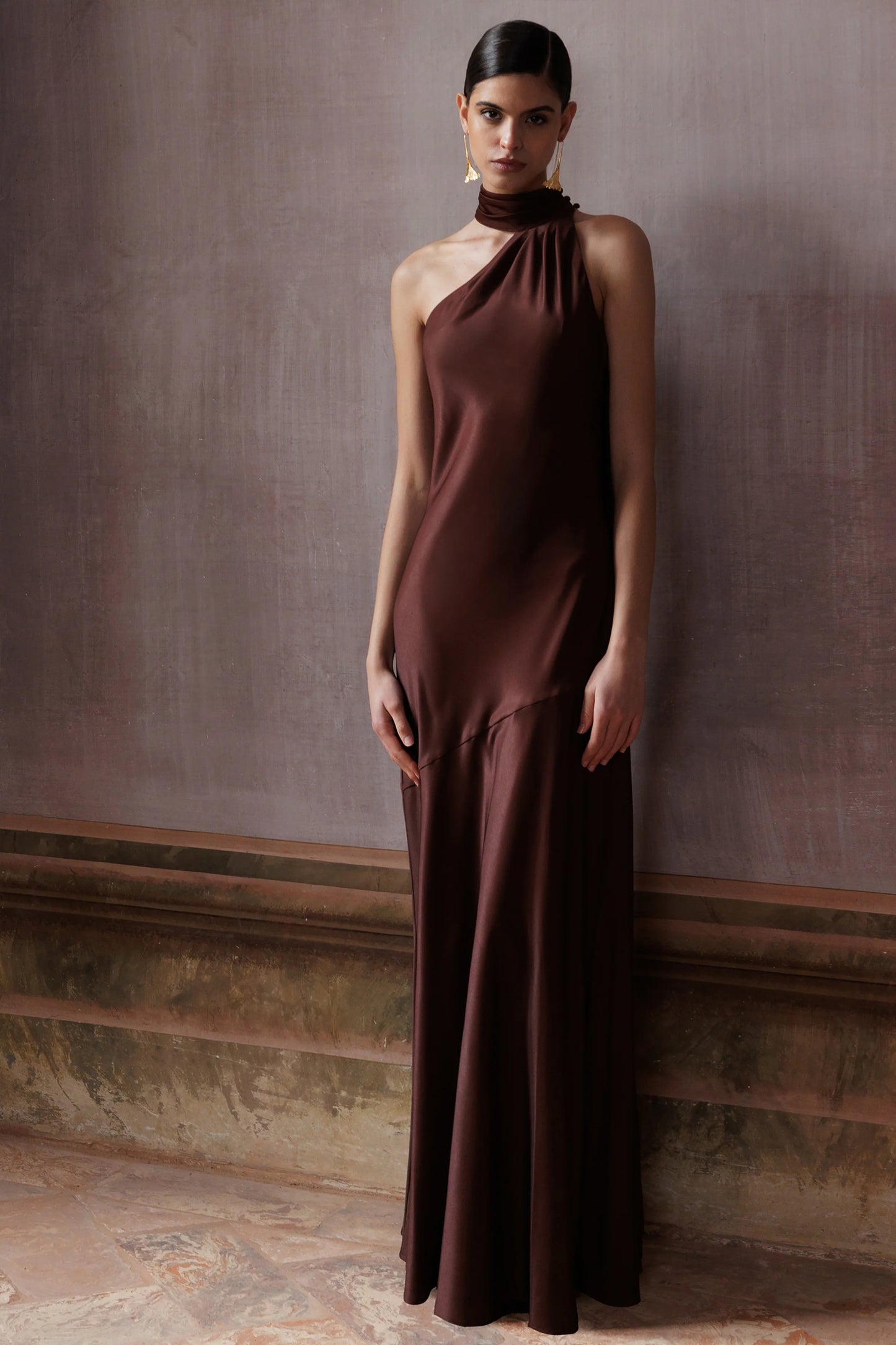 Cara Brown Matte Satin High-Neck Maxi Dress