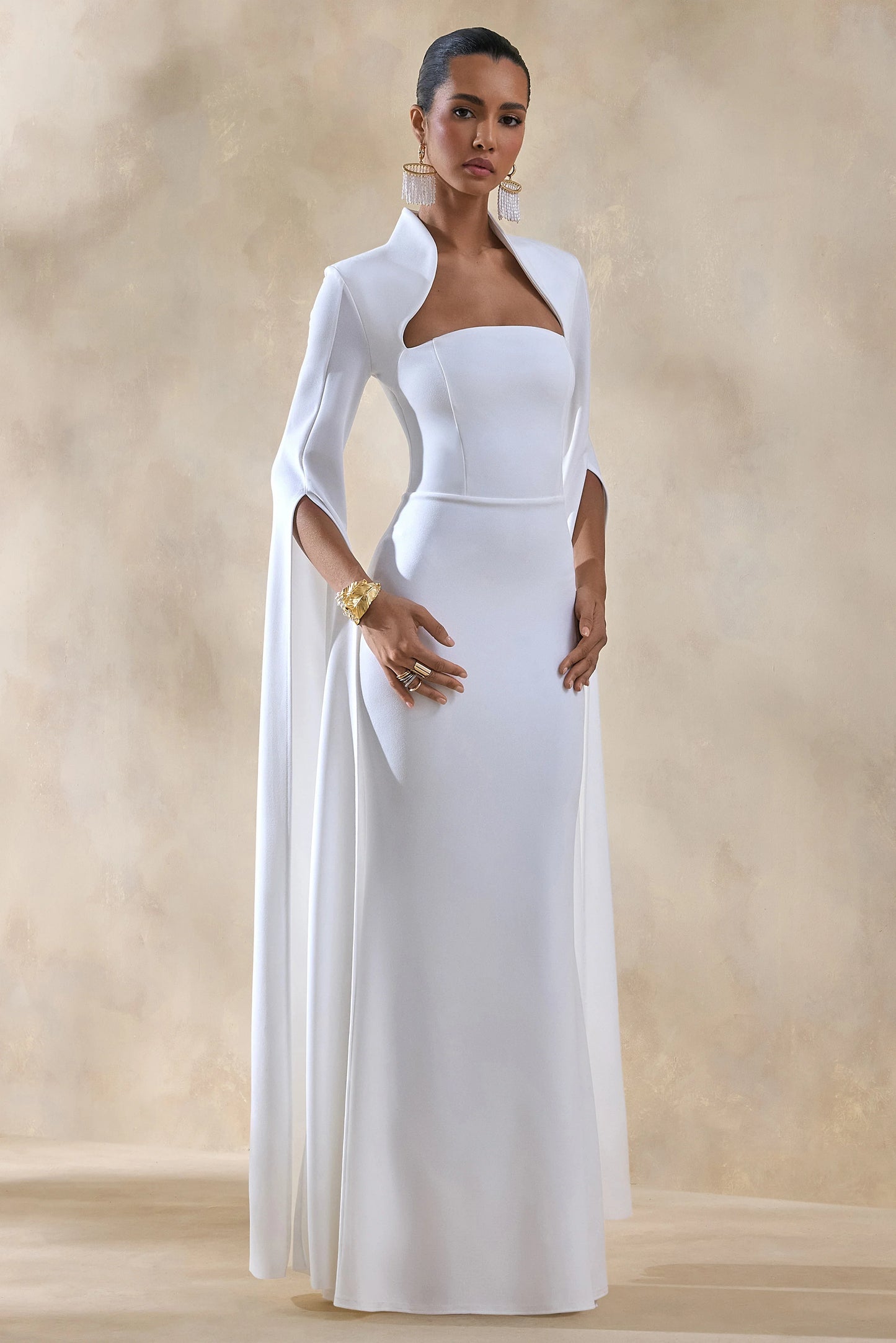 Esme White Square-Neck Maxi Dress With Cape Sleeves