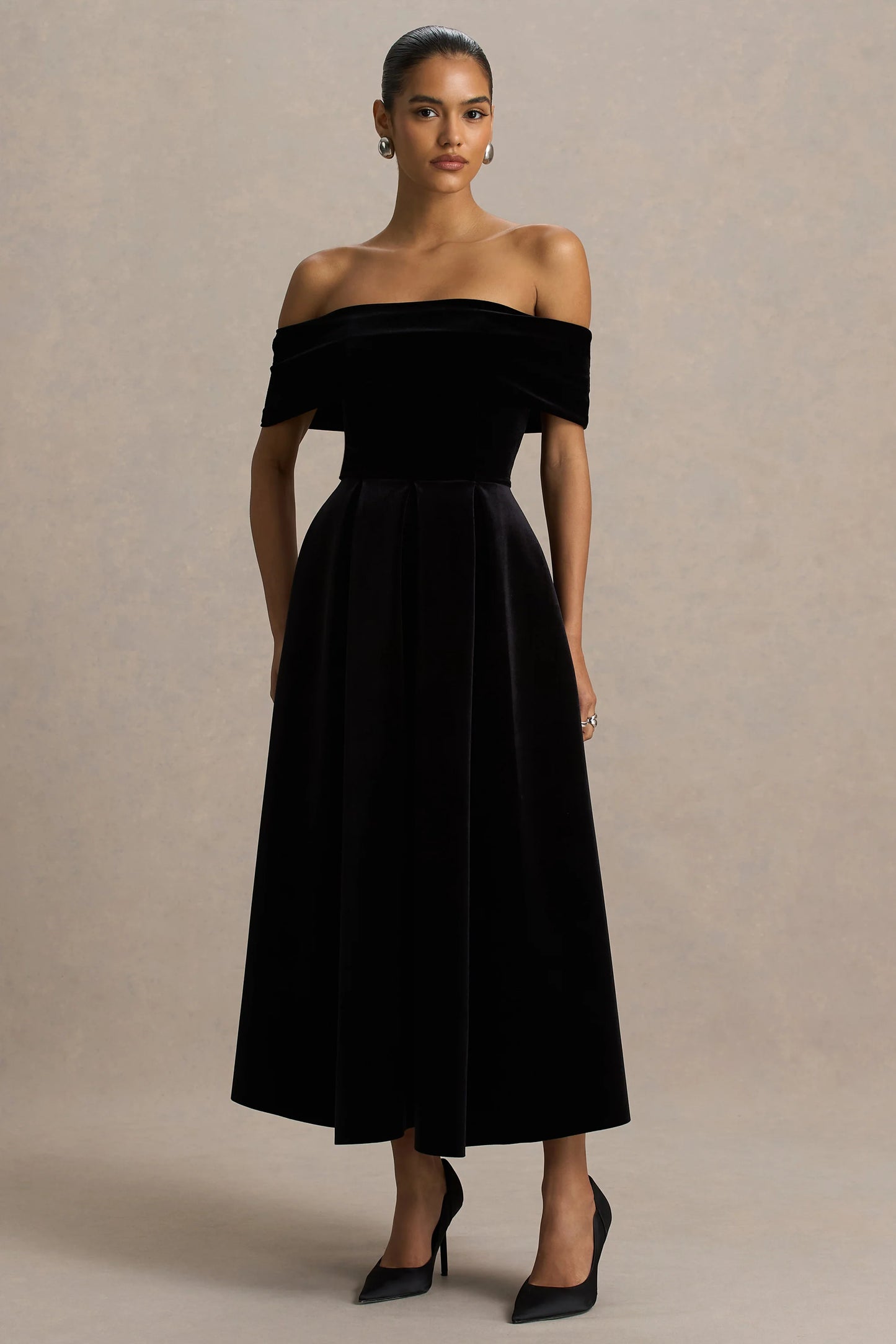 Ablaze Black Velvet Bardot-Neck Midi Dress