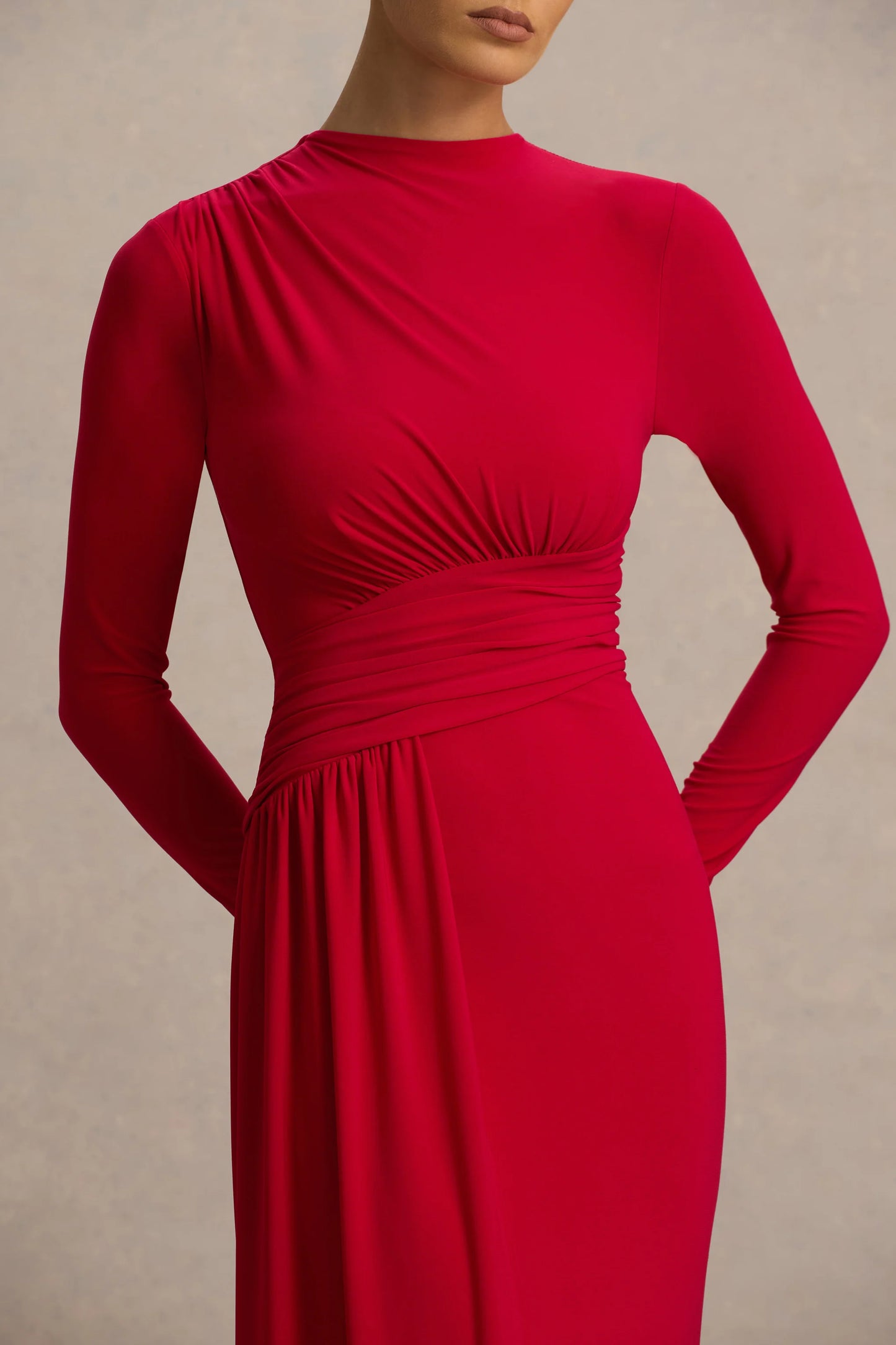 Virelle Red Boat-Neck Maxi Dress With Wrap Detail And Sash
