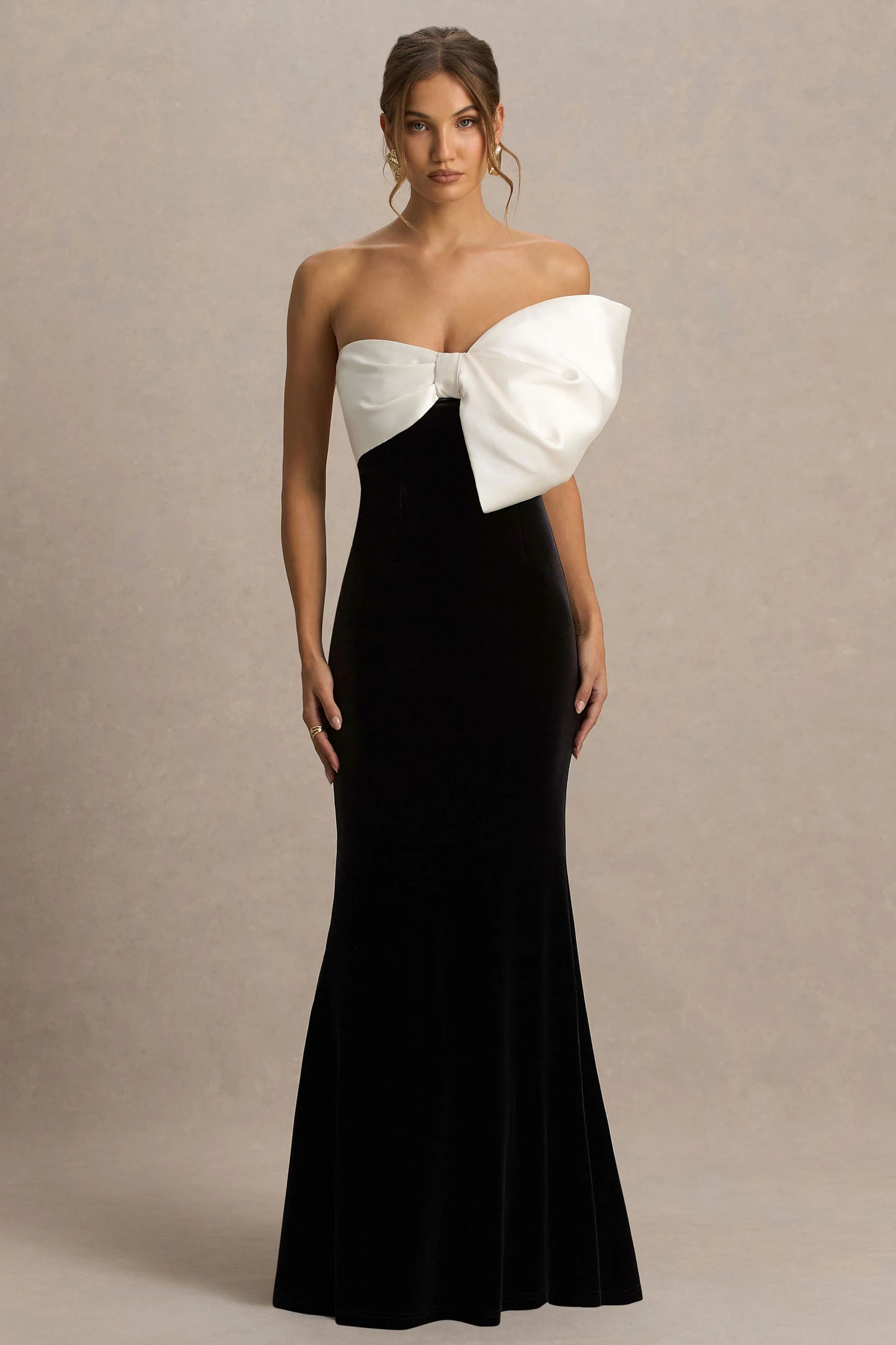Divulge Black And White Velvet Asymmetric-Neck Maxi Dress With Bow Detail